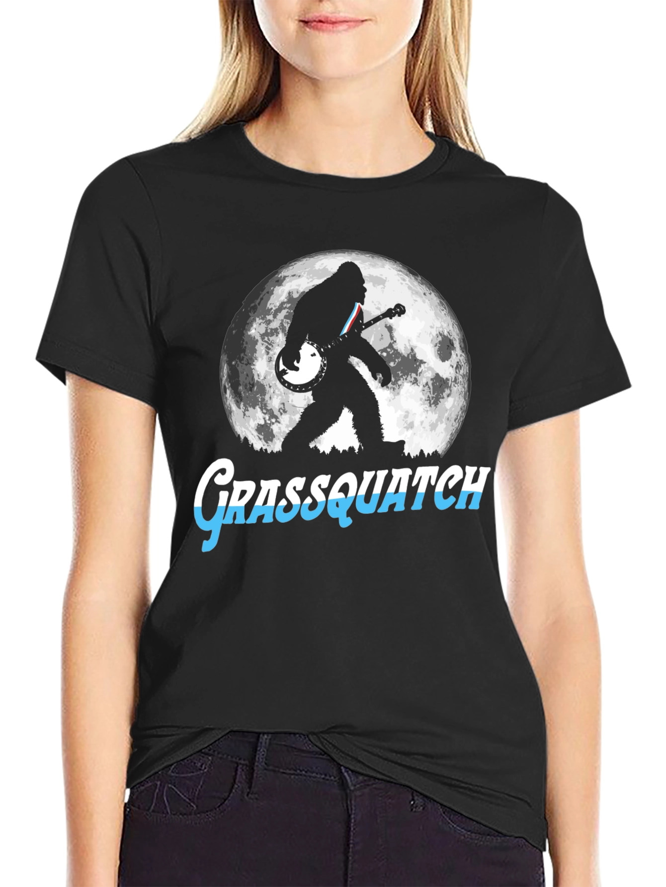Grassquatch Banjo Moon Black T-Shirt