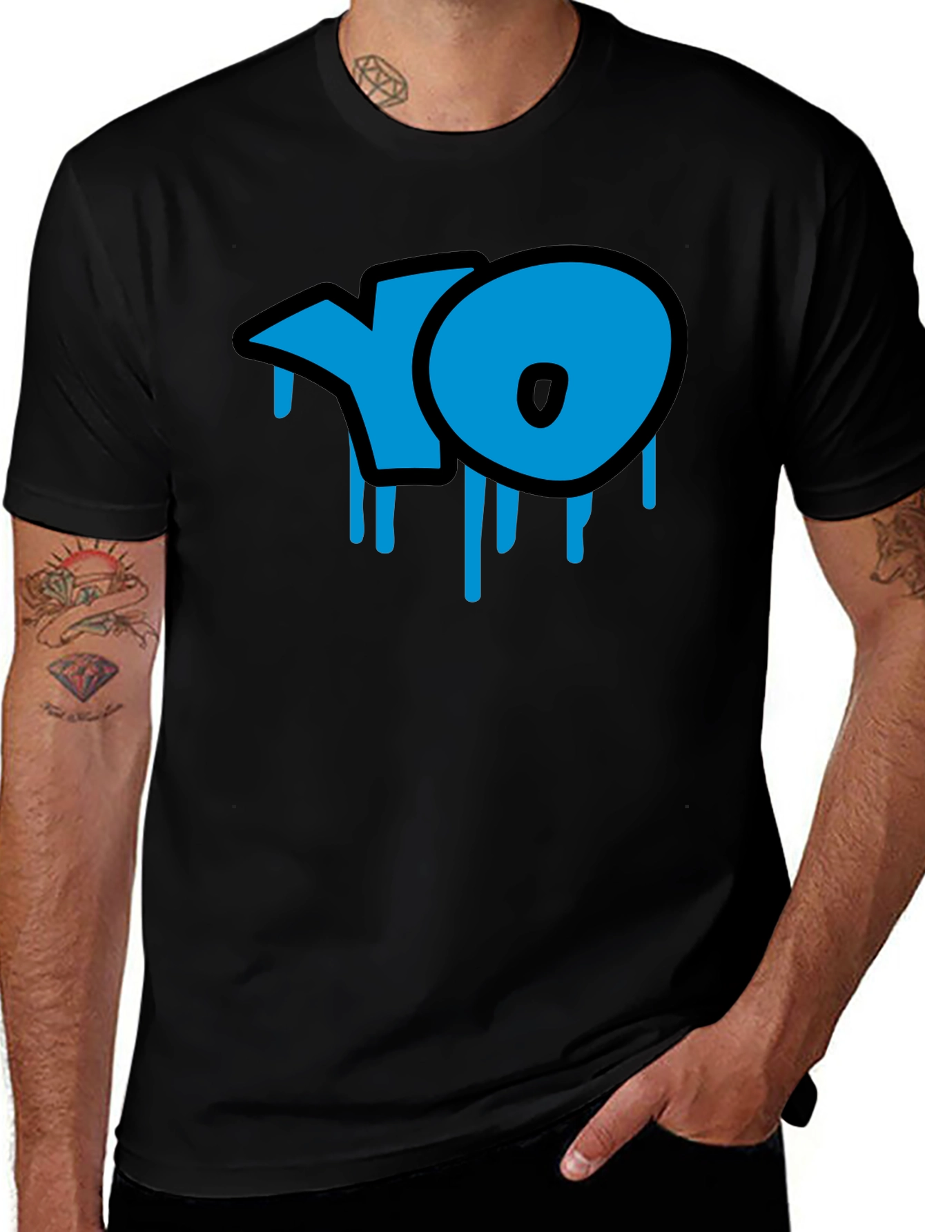 Cool Blue YO Dripping Graffiti Style Black T-Shirt