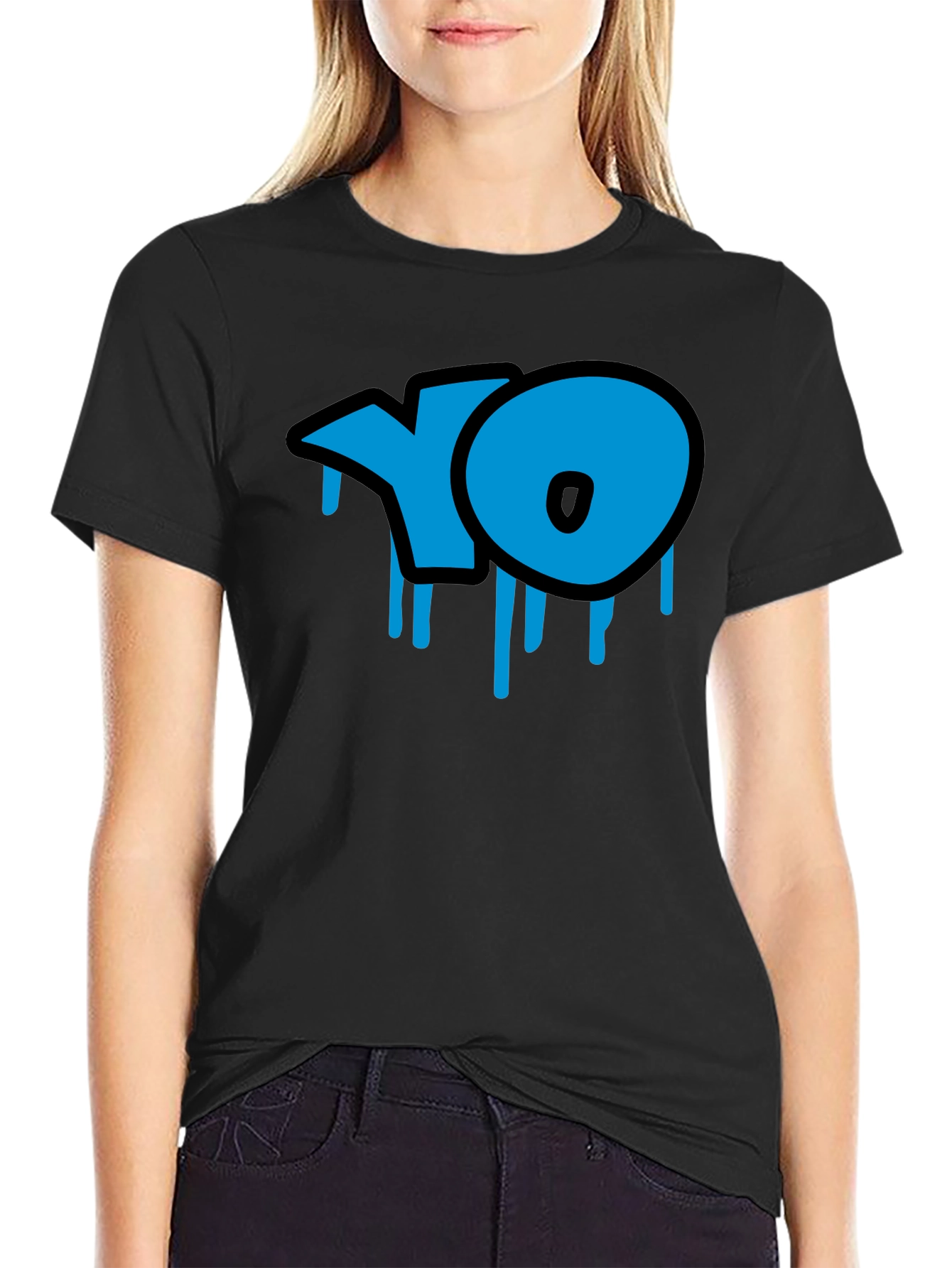 Cool Blue YO Dripping Graffiti Style Black T-Shirt
