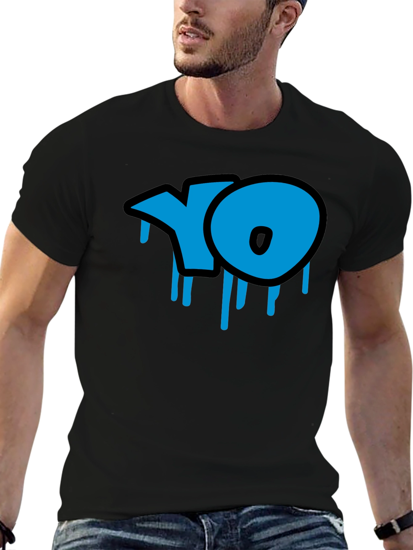 Cool Blue YO Dripping Graffiti Style Black T-Shirt