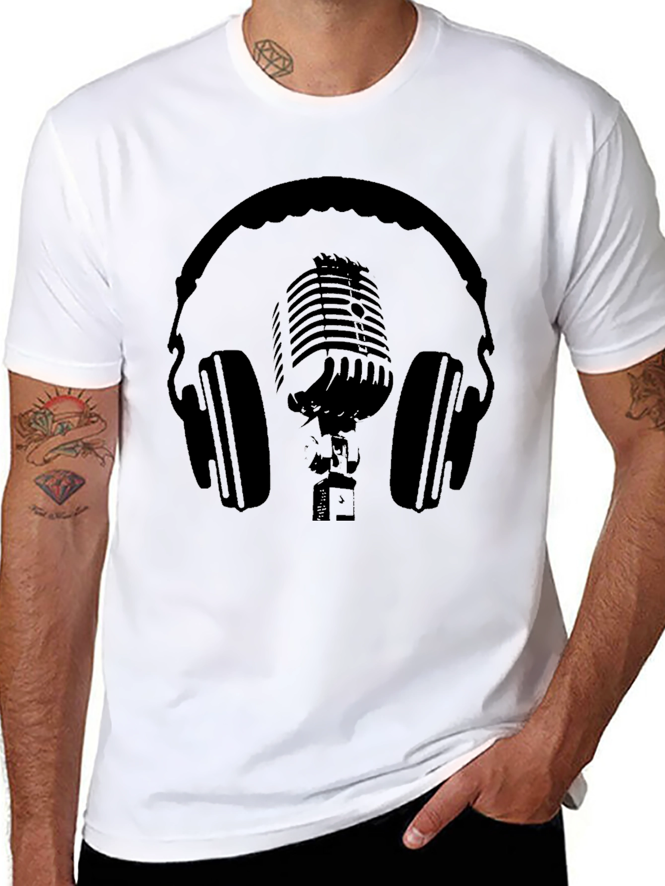 Black T-Shirt with Headphones and Microphone Graphic