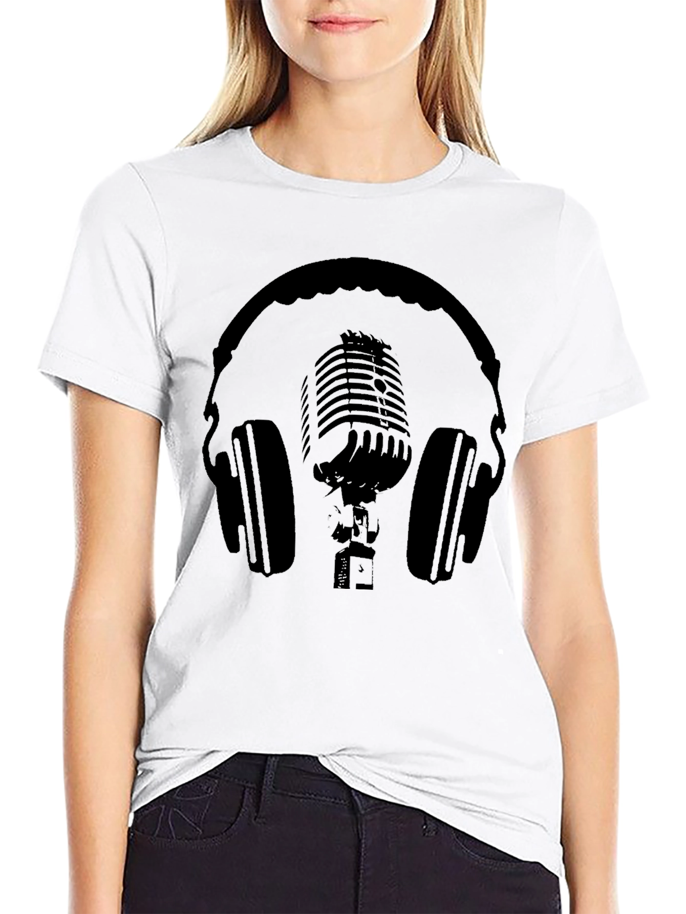 Black T-Shirt with Headphones and Microphone Graphic