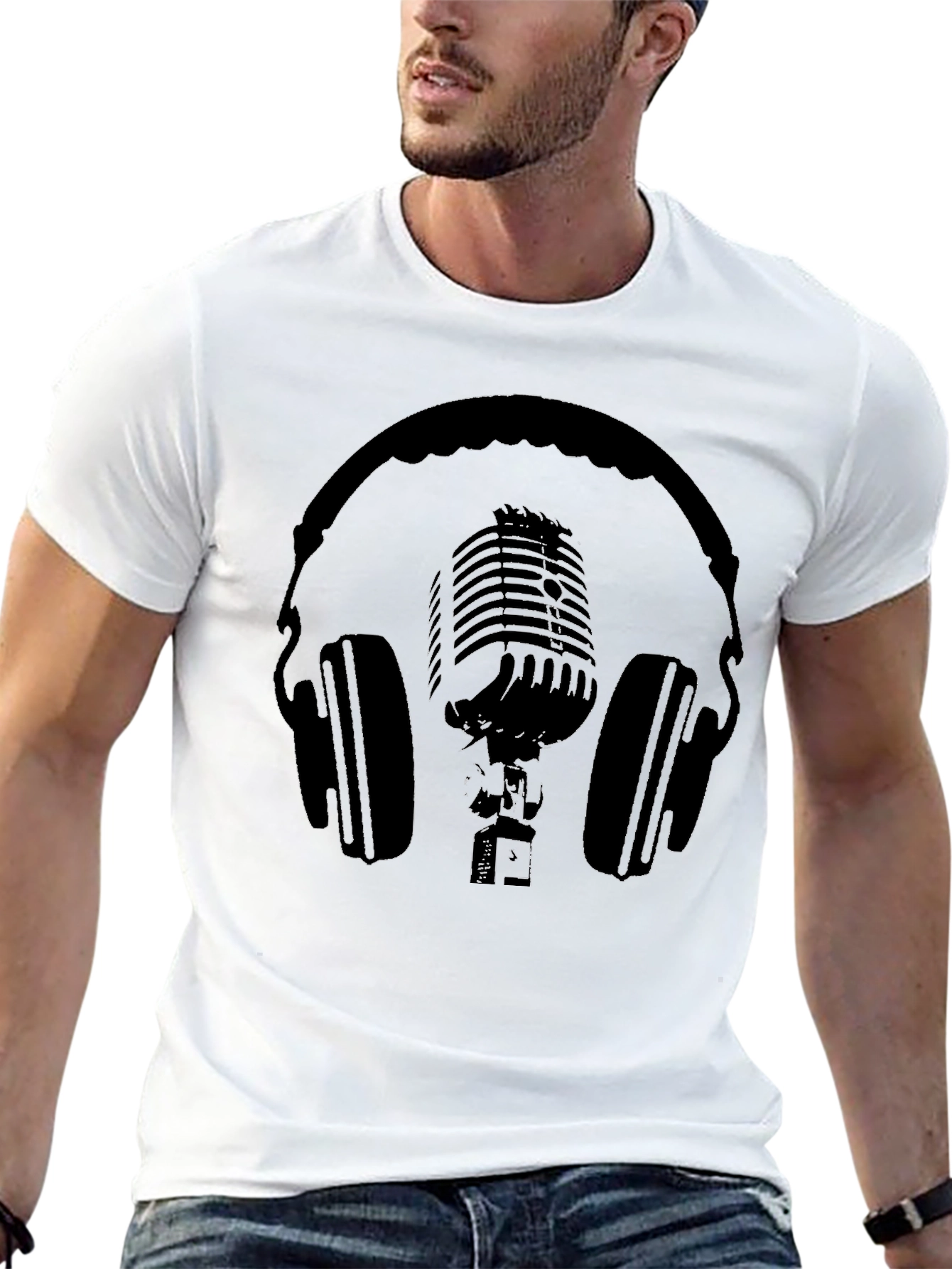 Black T-Shirt with Headphones and Microphone Graphic