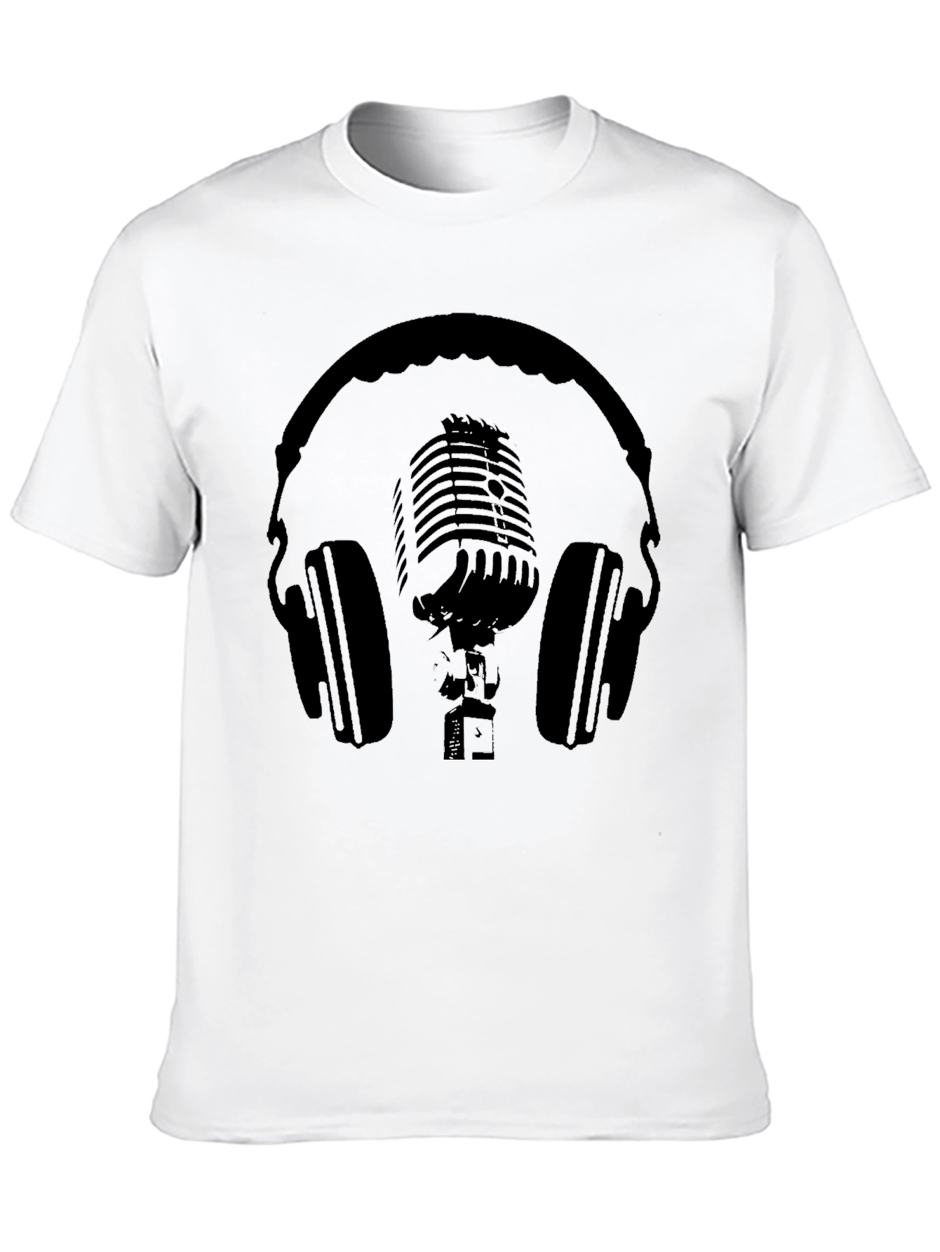 Black T-Shirt with Headphones and Microphone Graphic