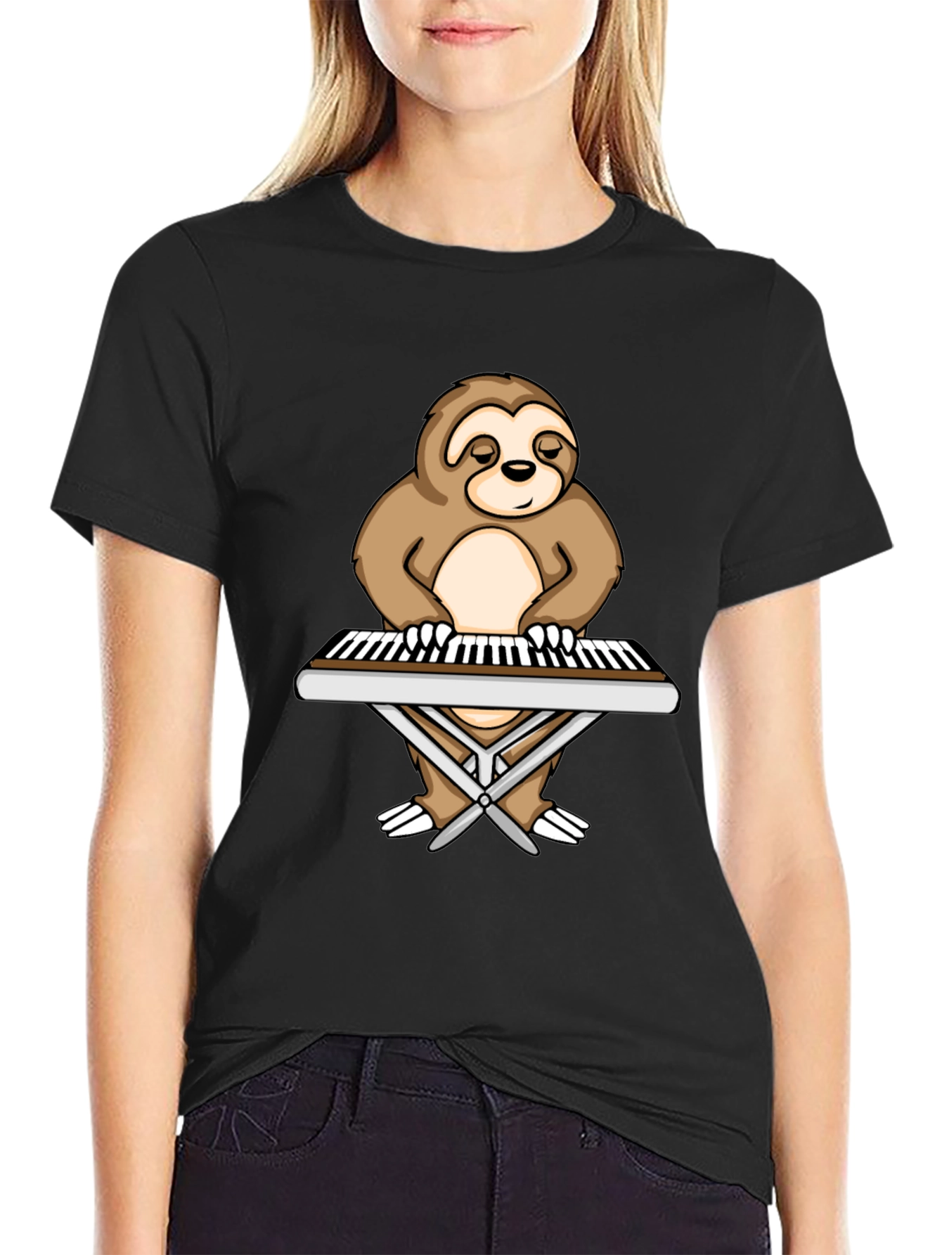 Sloth Pianist Graphic Tee - Black Unisex T-Shirt