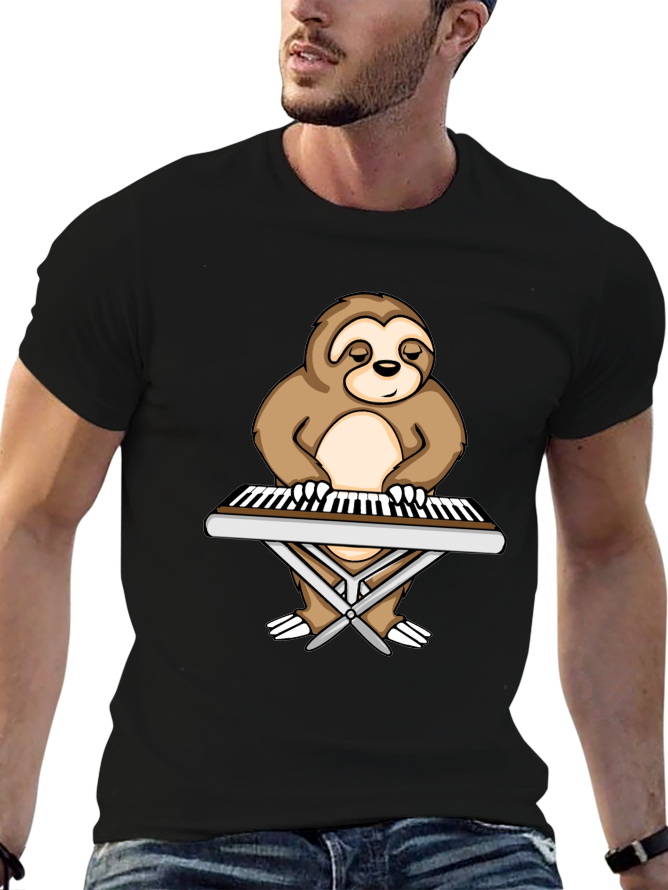 Sloth Pianist Graphic Tee - Black Unisex T-Shirt