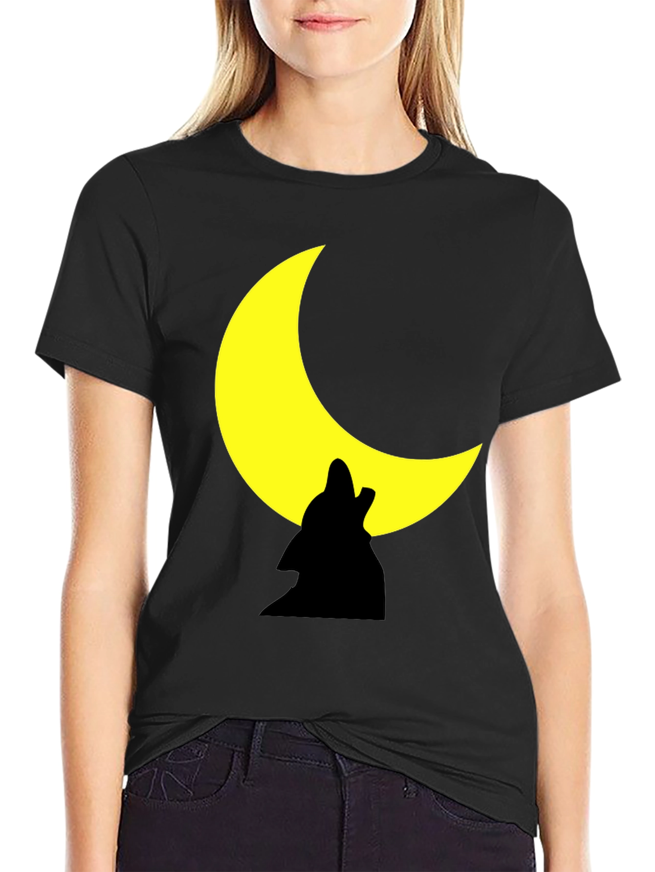 Wolf Howling Moon Graphic Black Tee Shirt