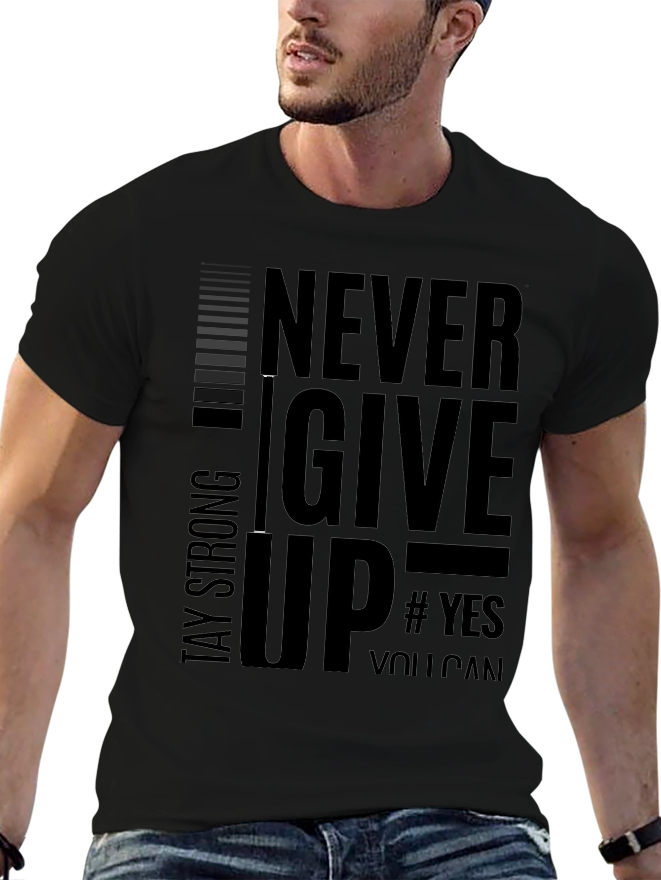 Never Give Up Mens Black Graphic Tee