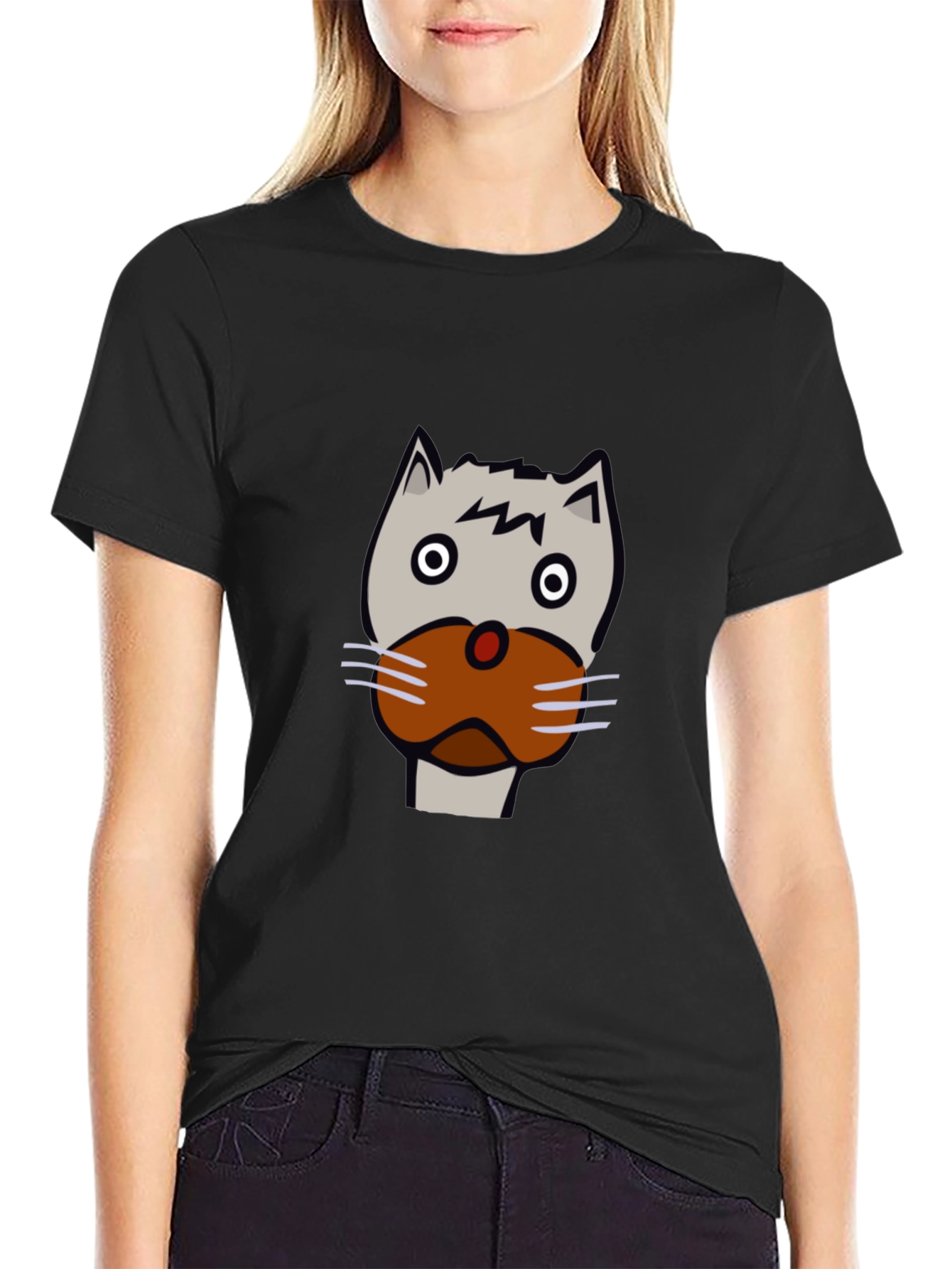 Funny Cartoon Cat Face Black T-Shirt