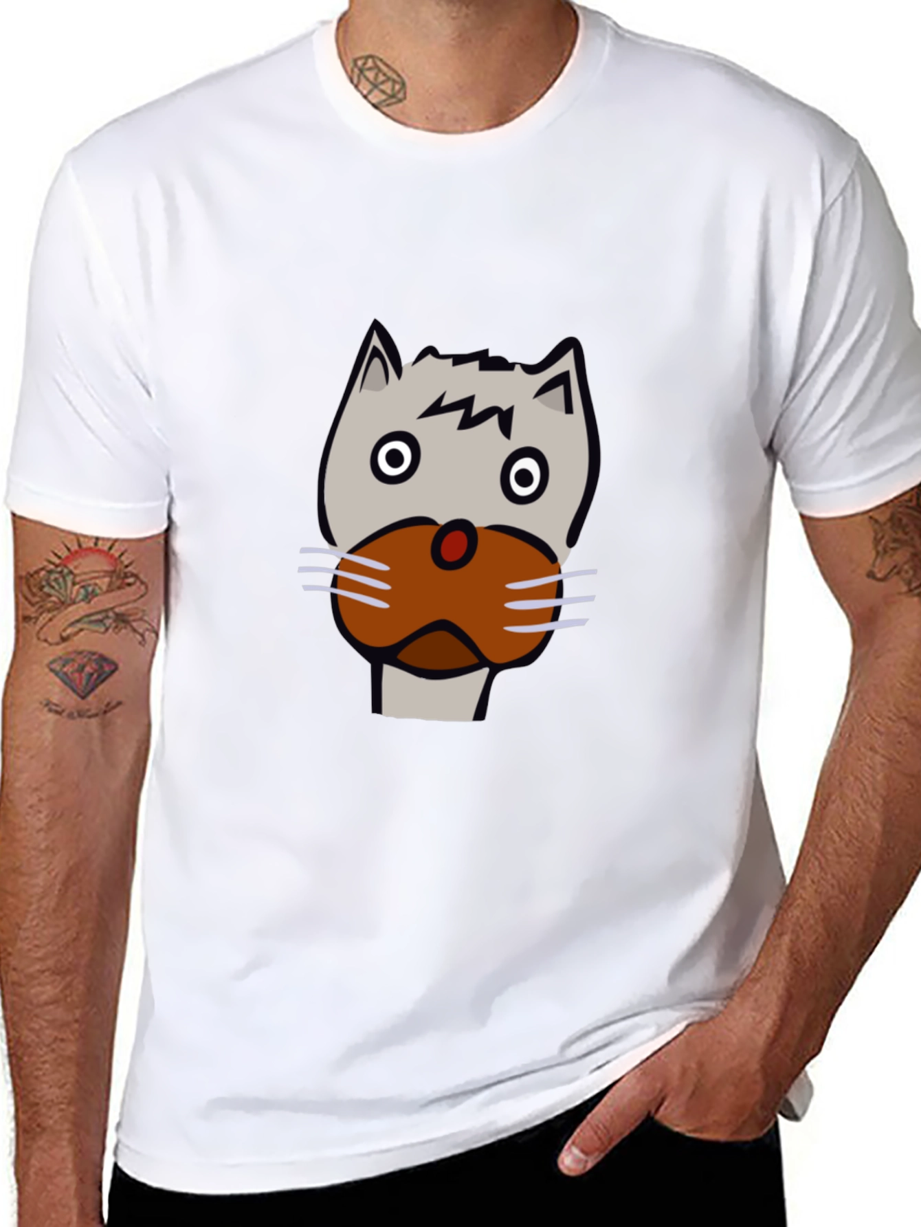 Funny Cartoon Cat Face Black T-Shirt