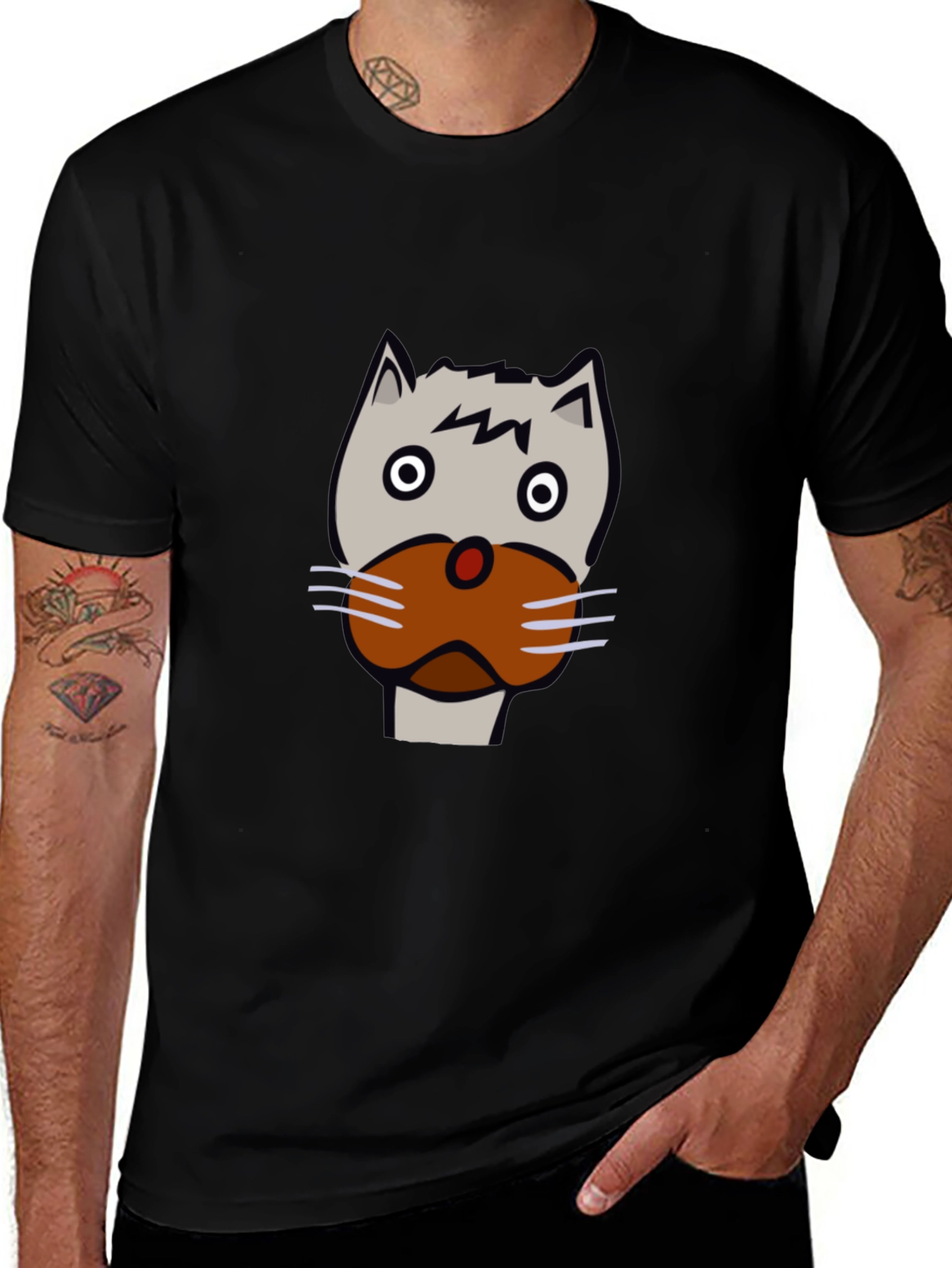 Funny Cartoon Cat Face Black T-Shirt