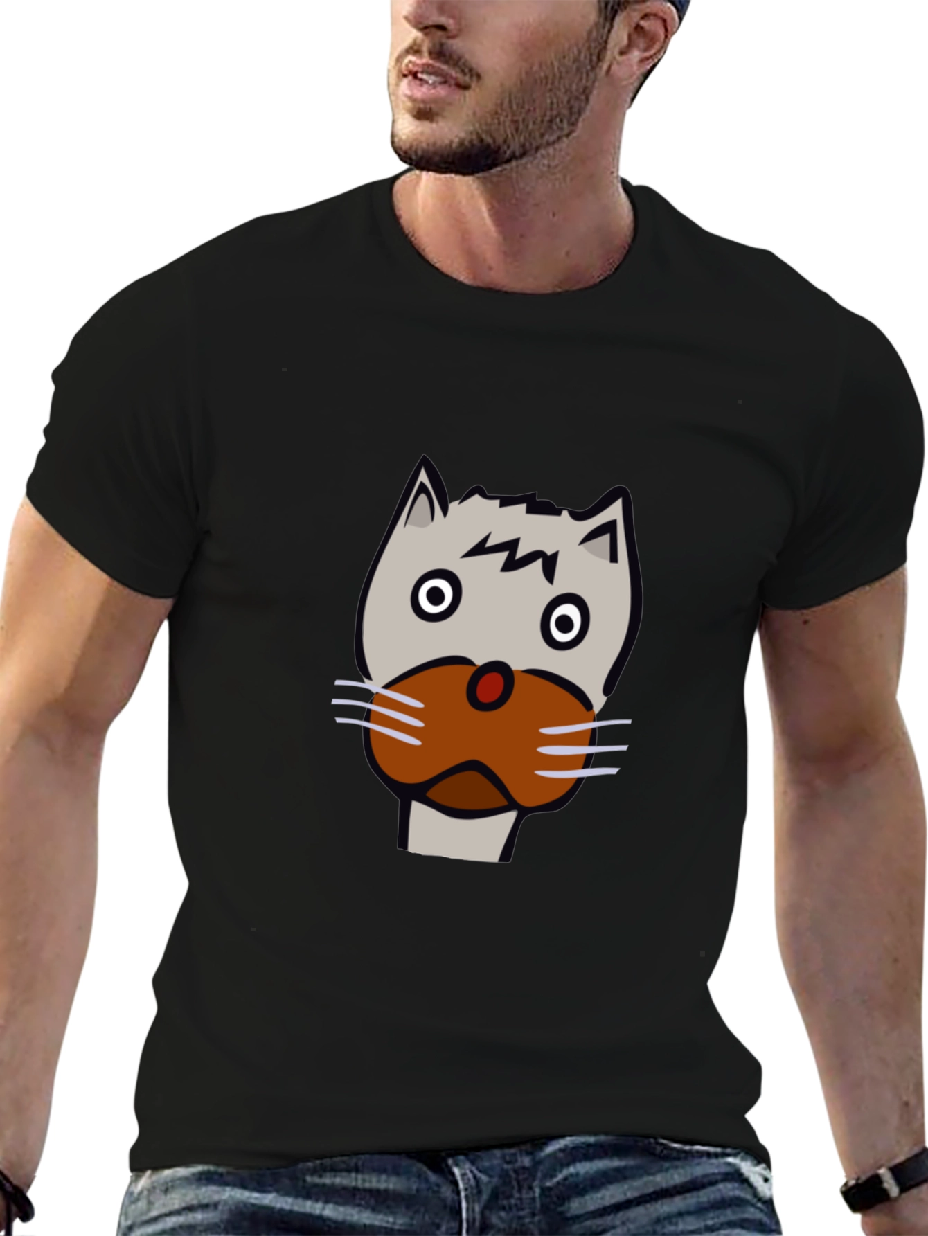 Funny Cartoon Cat Face Black T-Shirt
