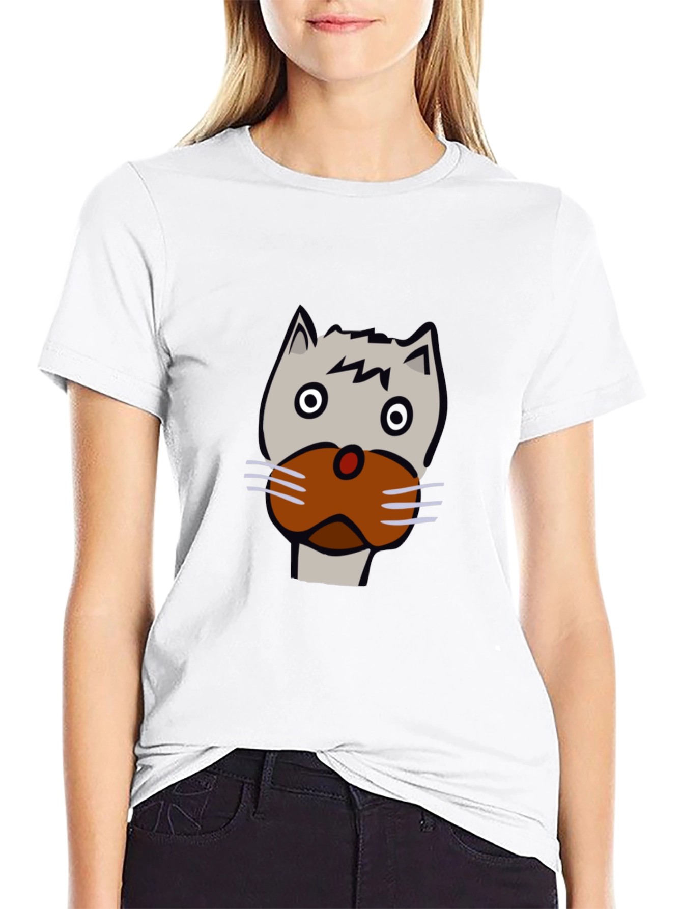 Funny Cartoon Cat Face Black T-Shirt