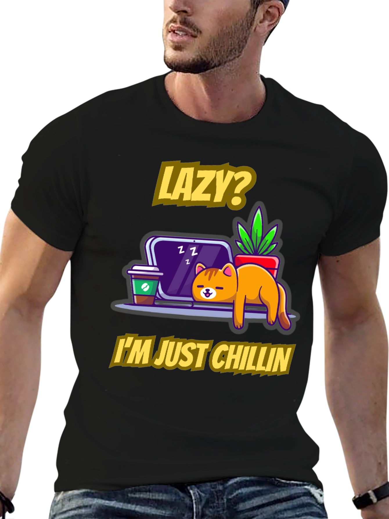 Lazy Chillin Cat Graphic Tee - Relaxed Fit