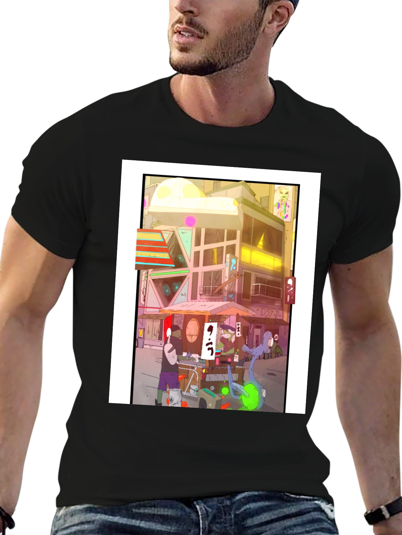 Anime City Graphic Tee - Black Casual Style