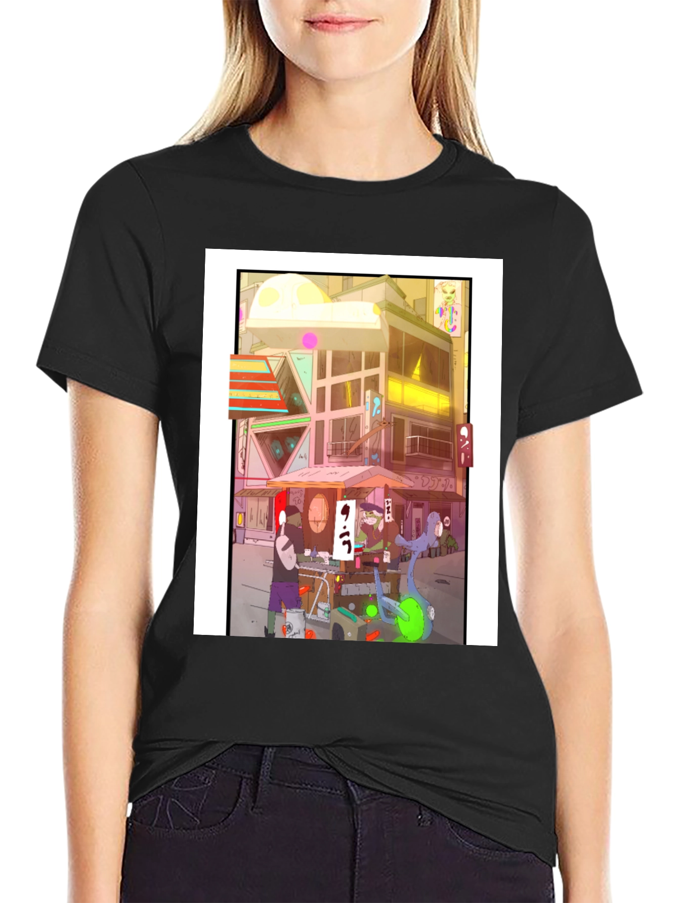 Anime City Graphic Tee - Black Casual Style