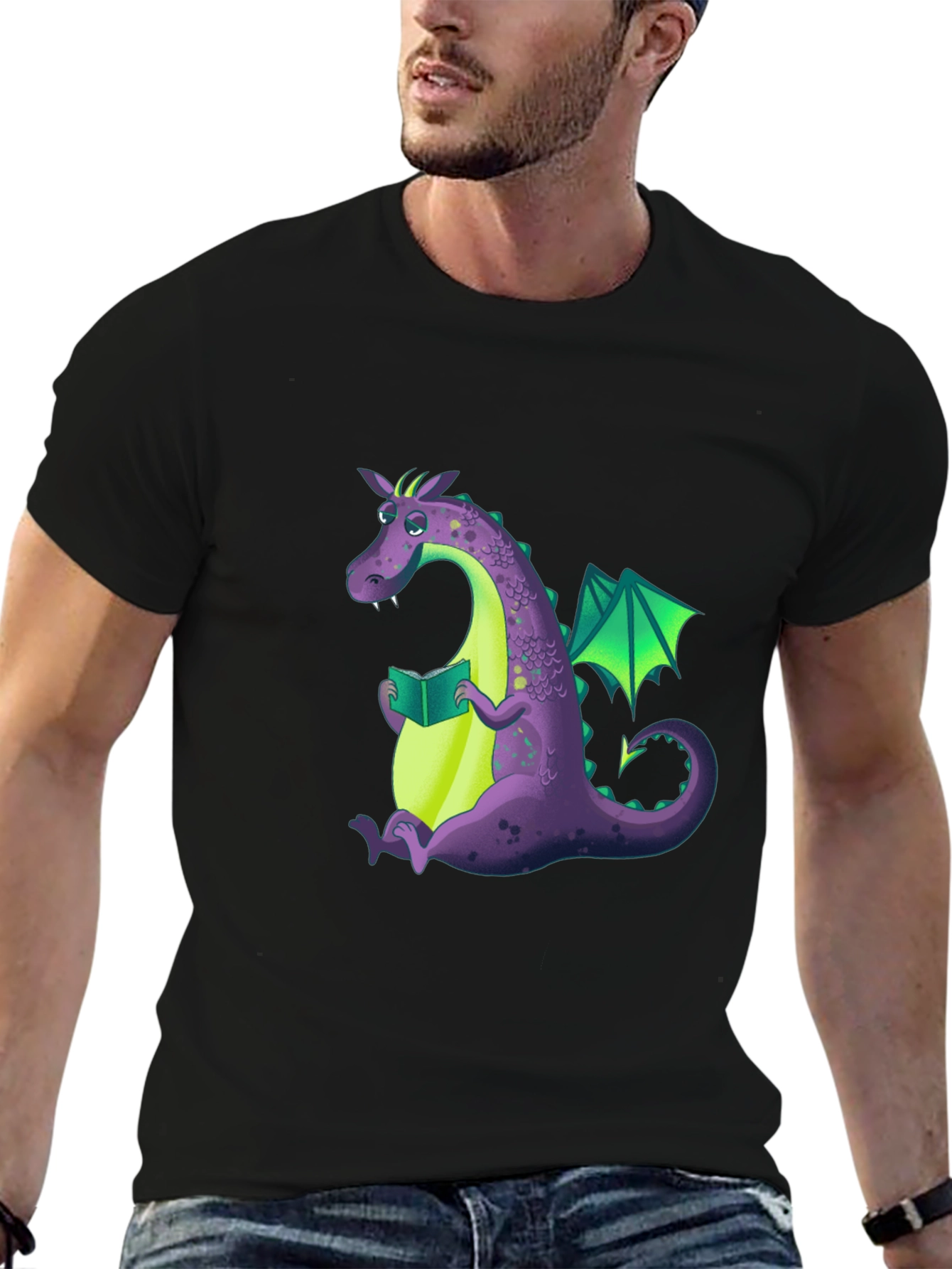 Reading Dragon Graphic Tee - Black Cotton T-Shirt