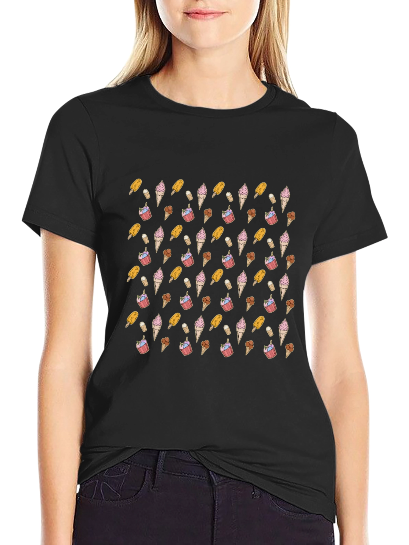 Novelty Ice Cream Pattern Black T-Shirt