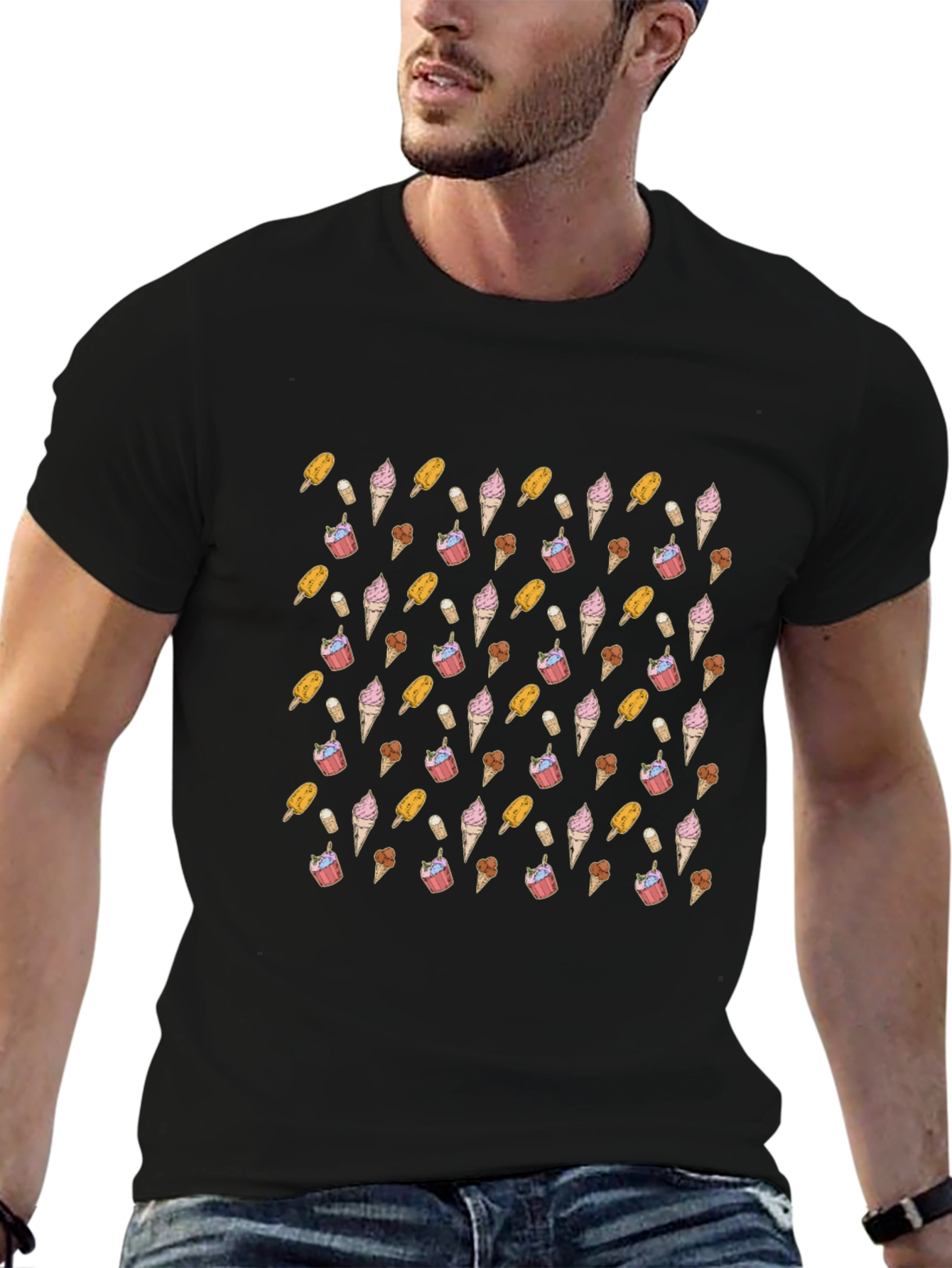 Novelty Ice Cream Pattern Black T-Shirt