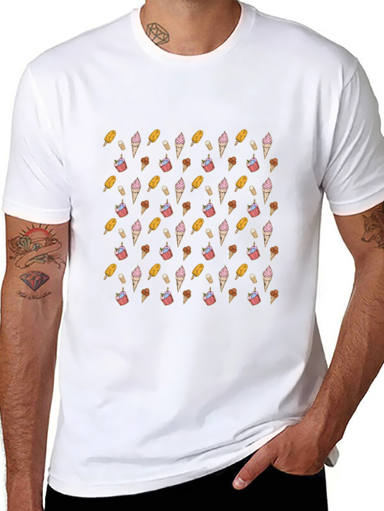 Novelty Ice Cream Pattern Black T-Shirt