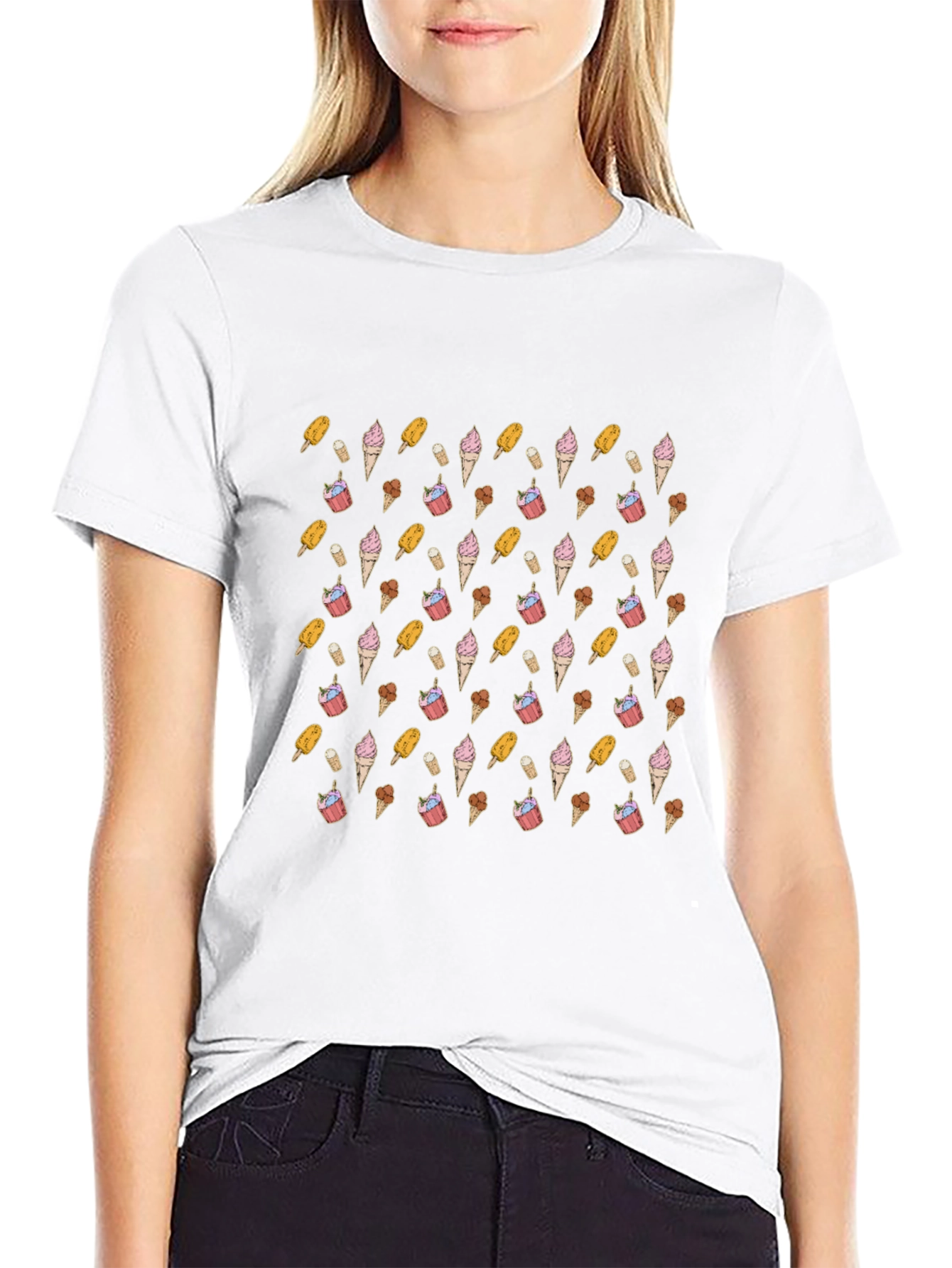 Novelty Ice Cream Pattern Black T-Shirt