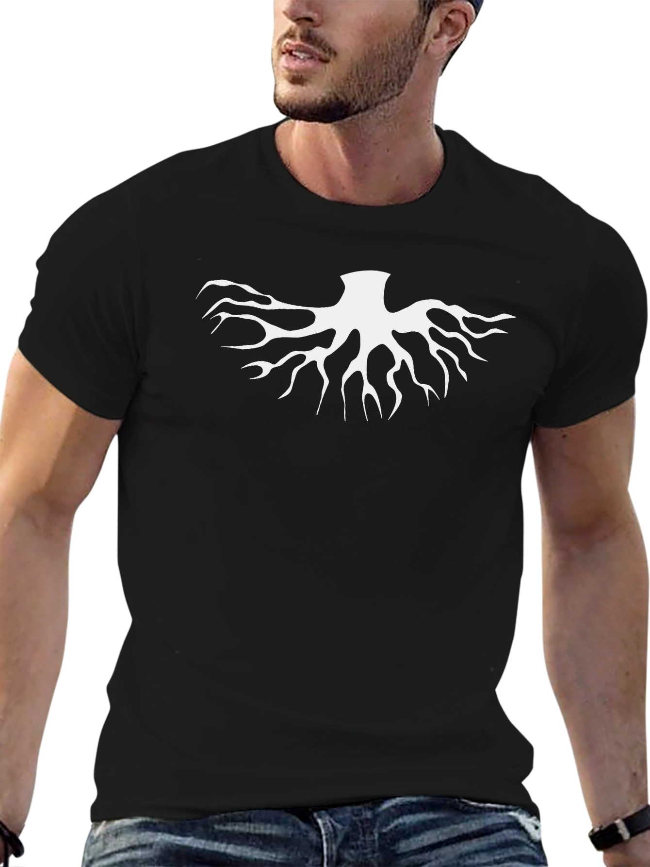 Mens Black T-Shirt with White Abstract Graphic
