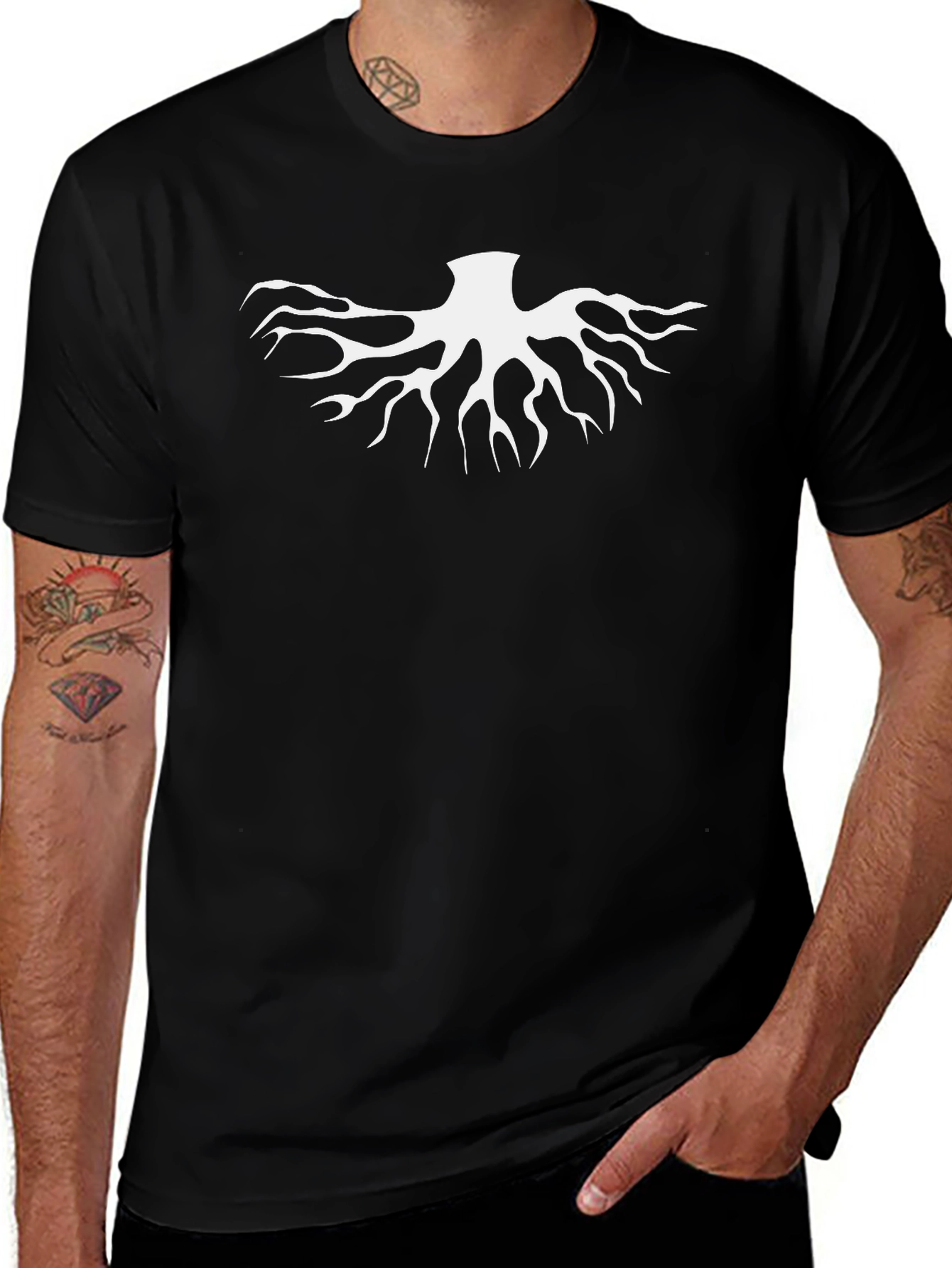 Mens Black T-Shirt with White Abstract Graphic