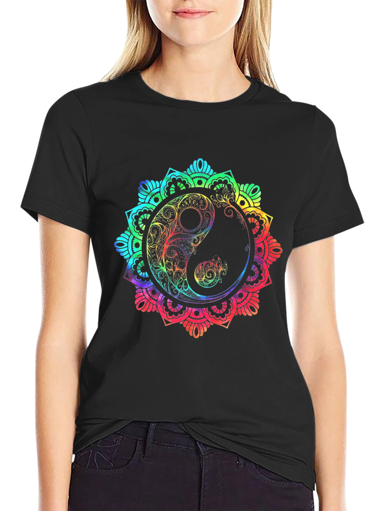Rainbow Yin Yang Mandala Graphic T-Shirt