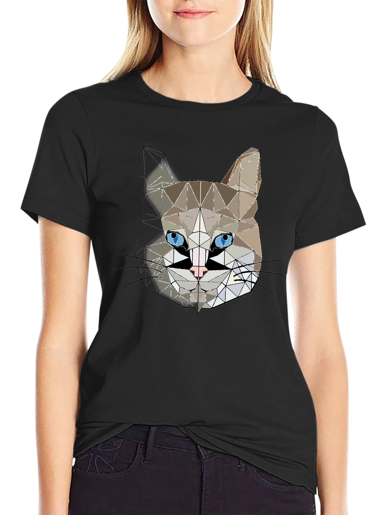 Geometric Cat Head Graphic Black T-Shirt