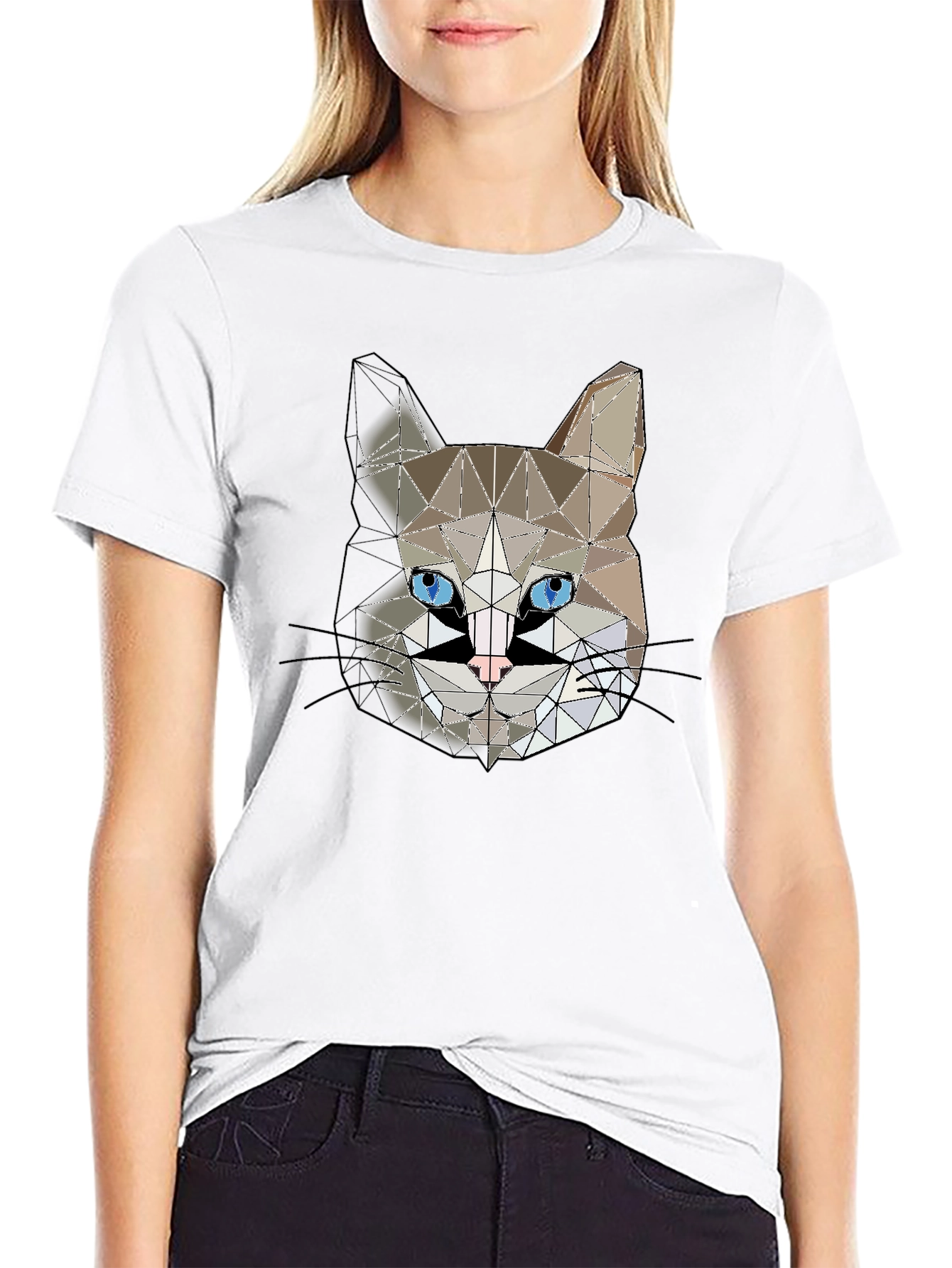 Geometric Cat Head Graphic Black T-Shirt
