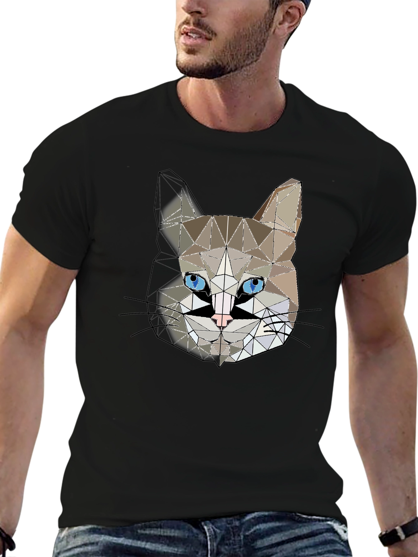 Geometric Cat Head Graphic Black T-Shirt