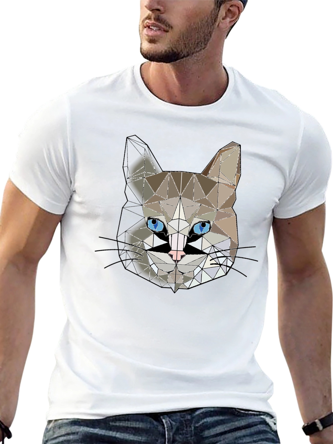 Geometric Cat Head Graphic Black T-Shirt