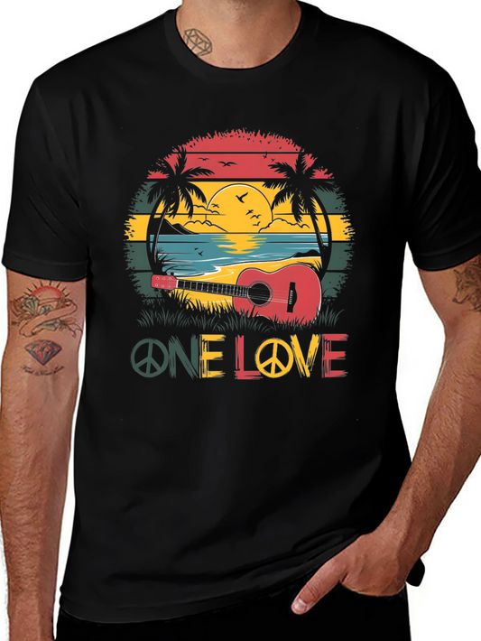 One Love Retro Graphic Tee - Beach Sunset Guitar Design