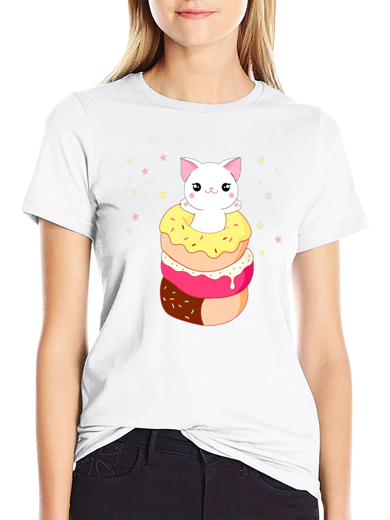 Kawaii Cat Donut Stack Graphic Tee