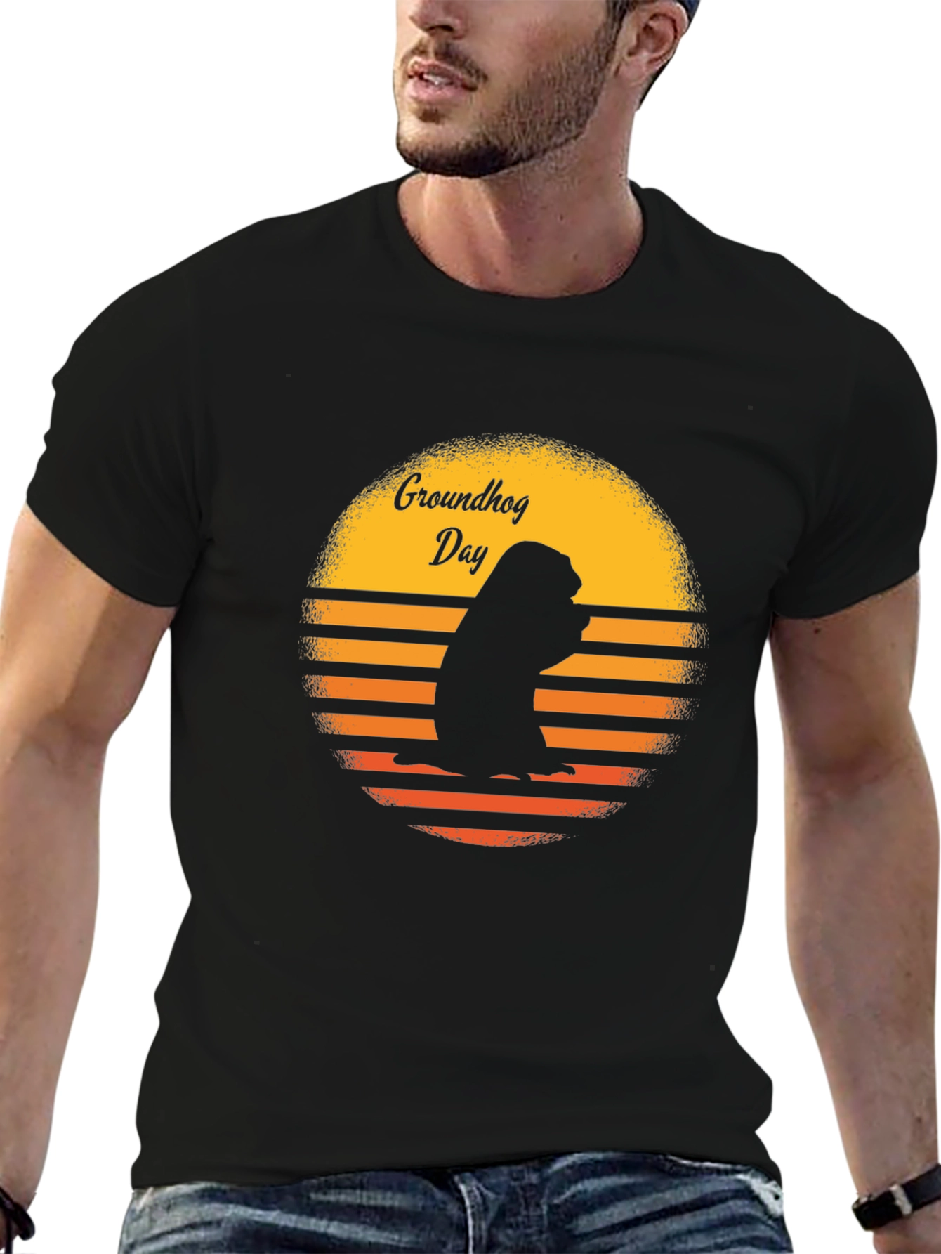 Groundhog Day Retro Sunset Black T-Shirt
