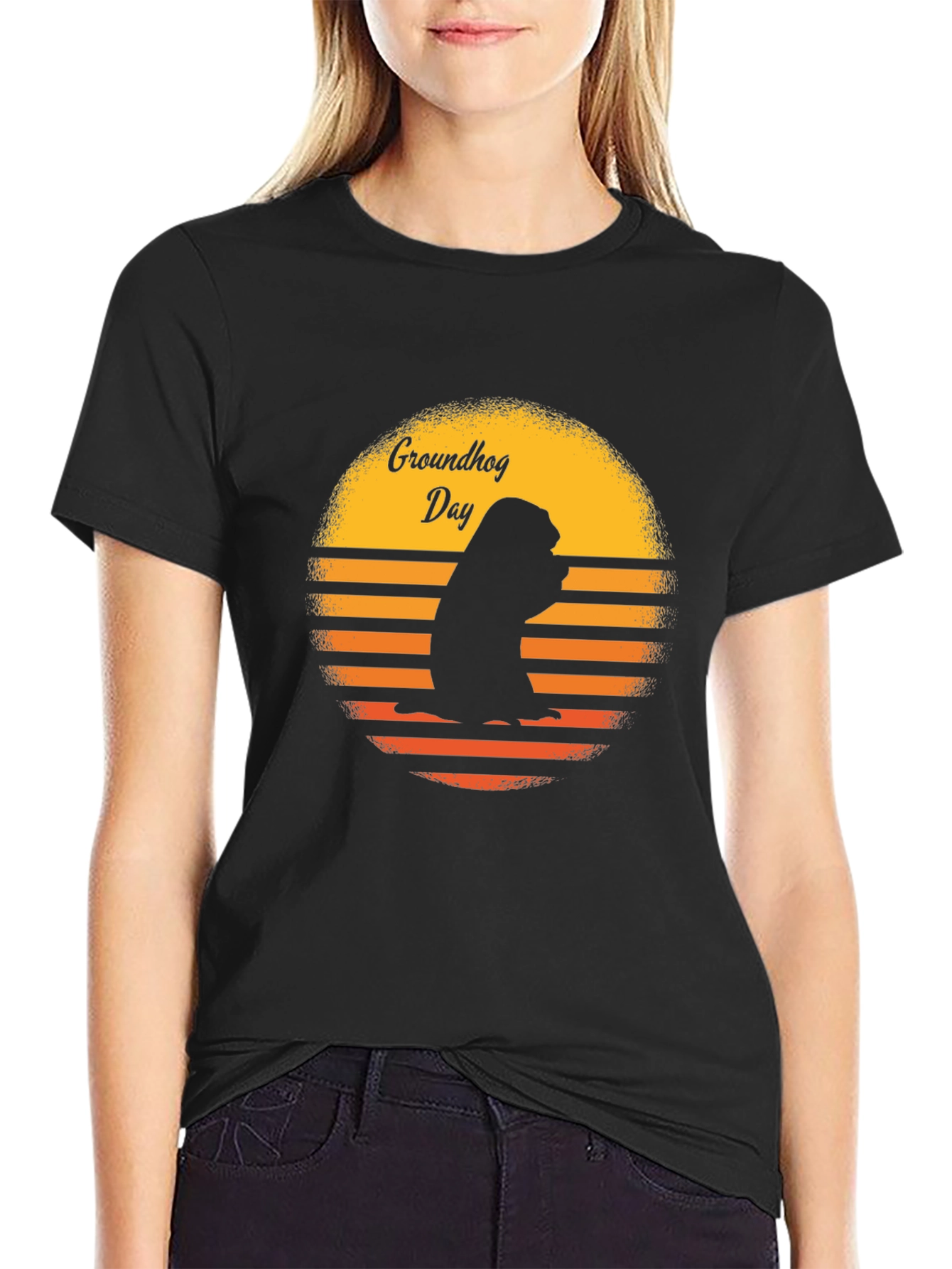 Groundhog Day Retro Sunset Black T-Shirt