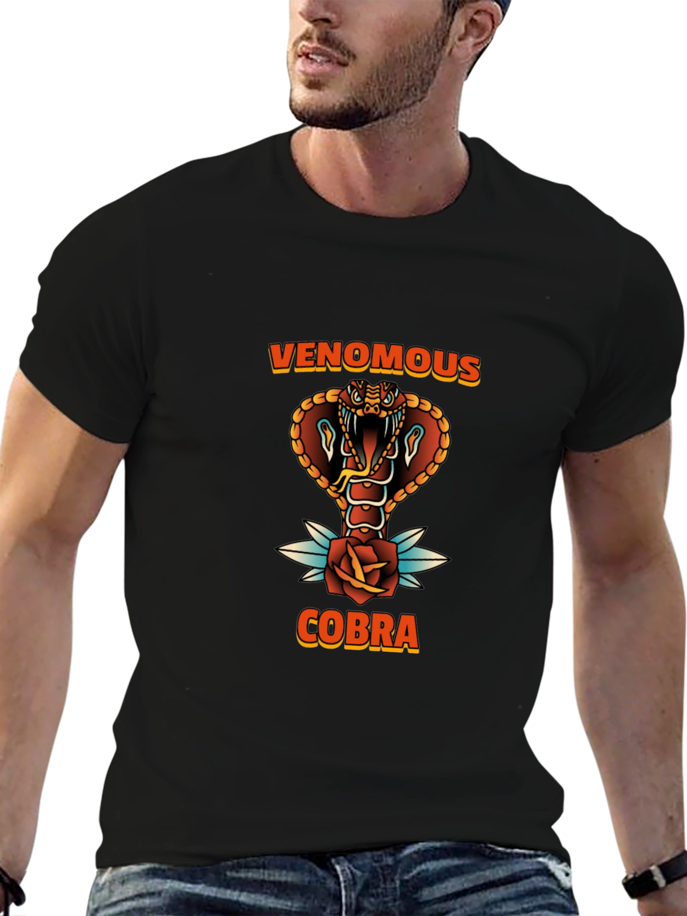 Venomous Cobra Graphic Tee - Black Cotton T-Shirt