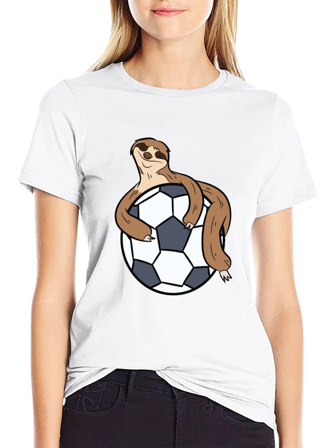 Sloth Hugging Soccer Ball Black T-Shirt