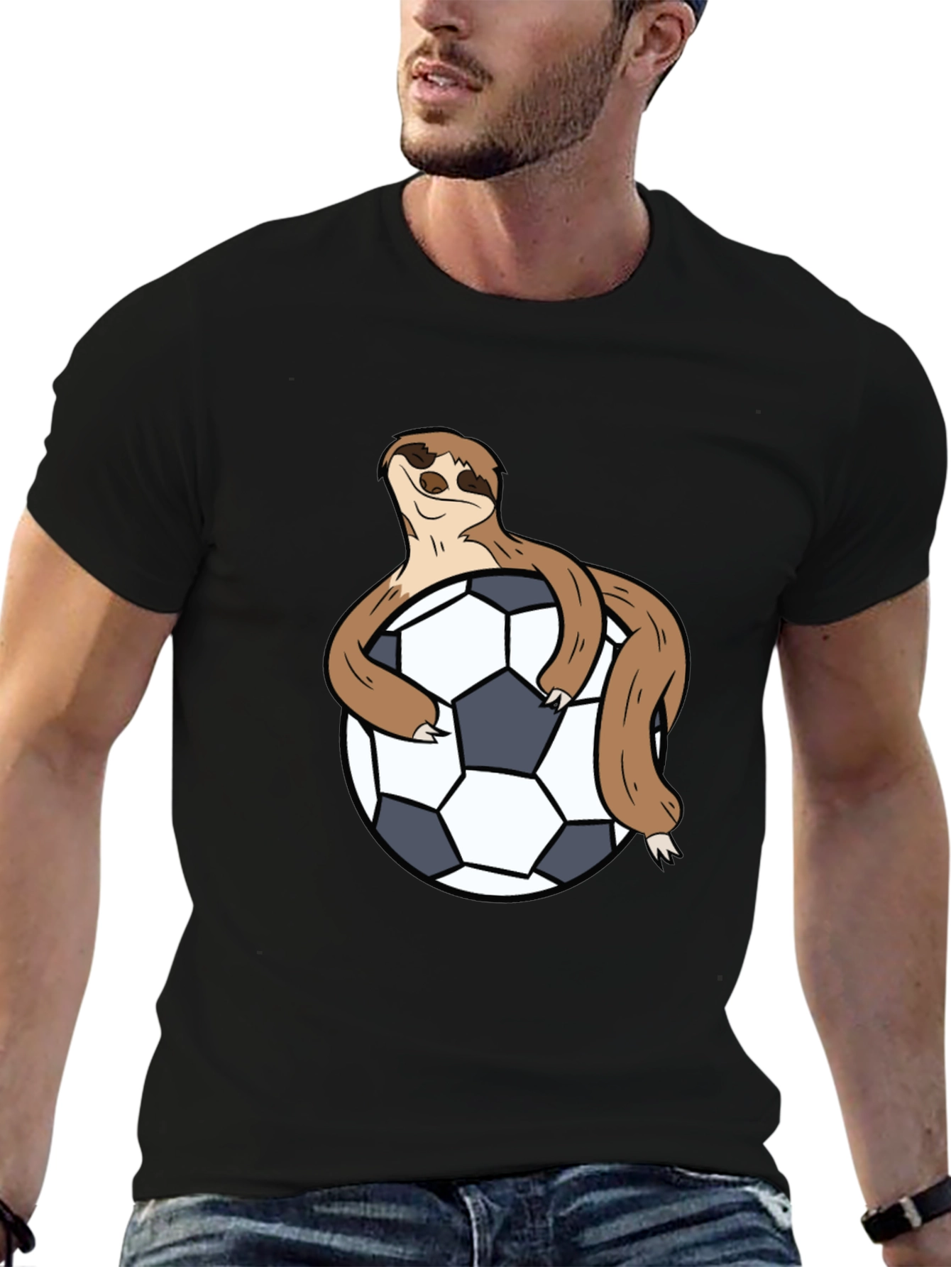 Sloth Hugging Soccer Ball Black T-Shirt