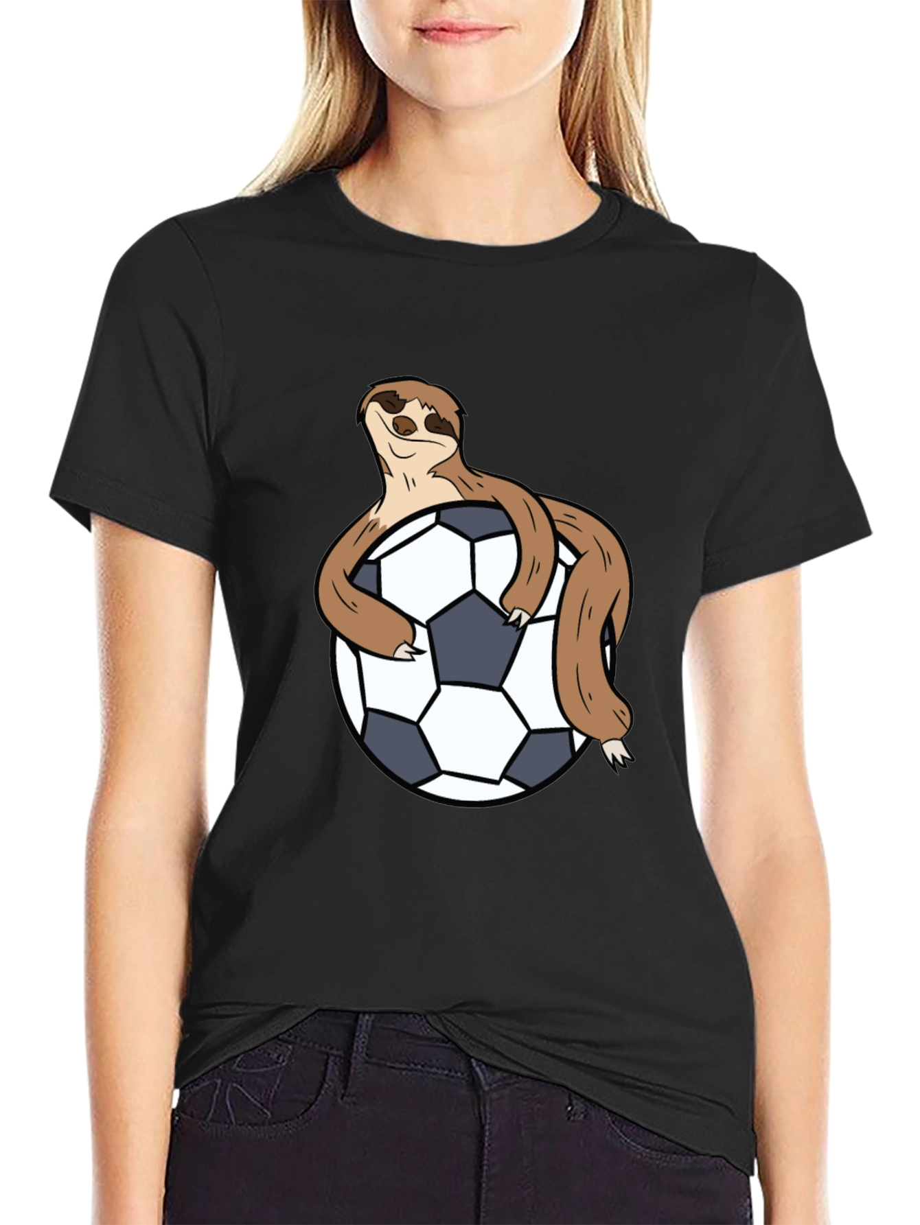 Sloth Hugging Soccer Ball Black T-Shirt