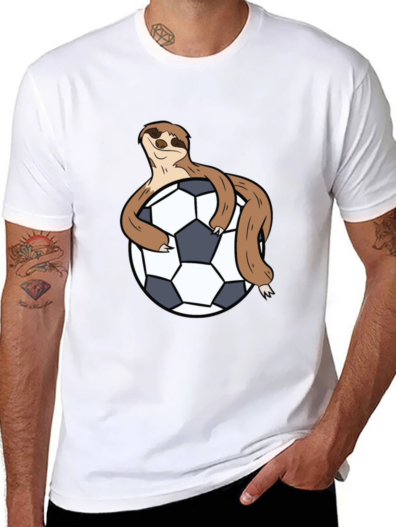 Sloth Hugging Soccer Ball Black T-Shirt