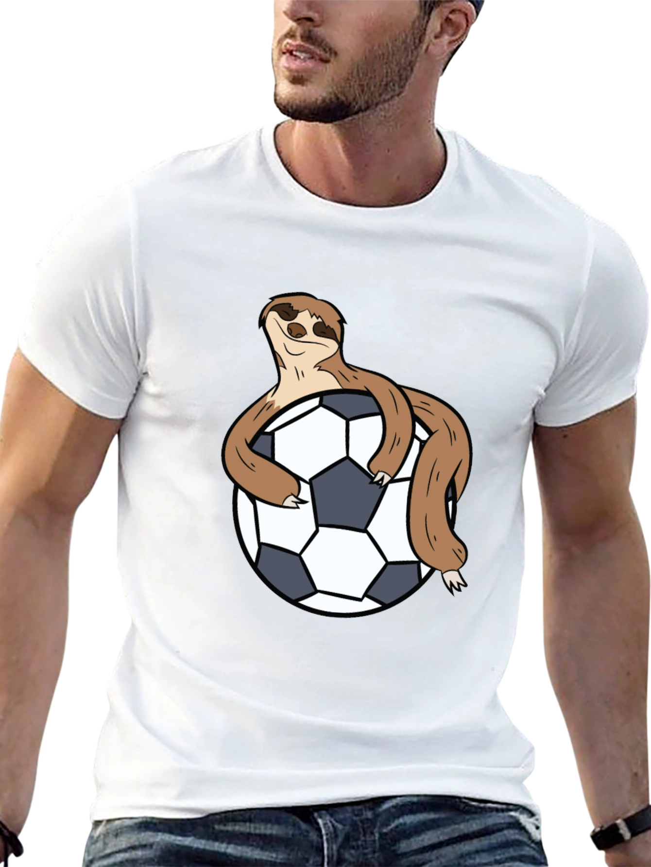 Sloth Hugging Soccer Ball Black T-Shirt