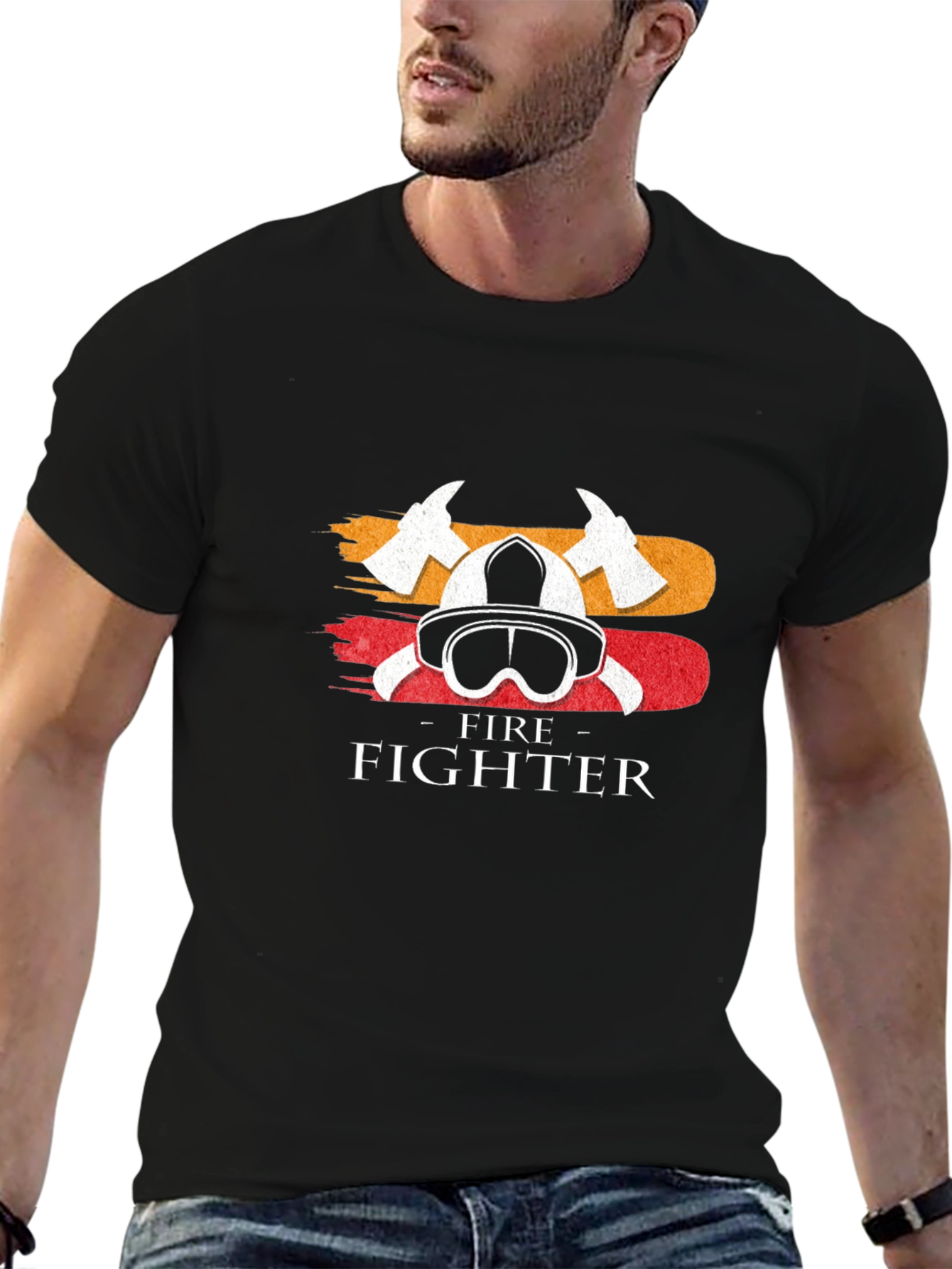 Firefighter Helmet & Axe T-Shirt - Black Cotton Tee