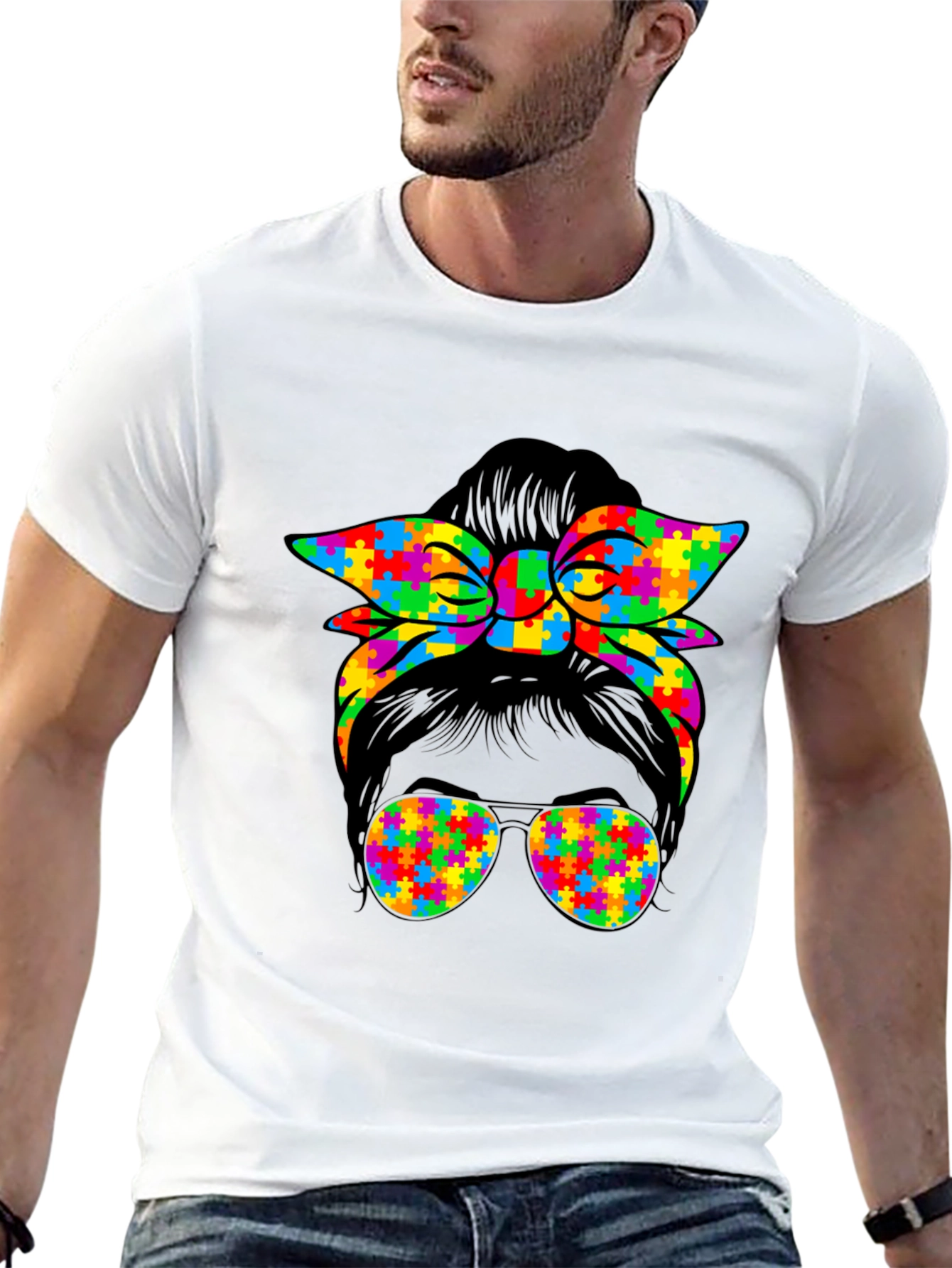 Autism Awareness Messy Bun Puzzle T-Shirt