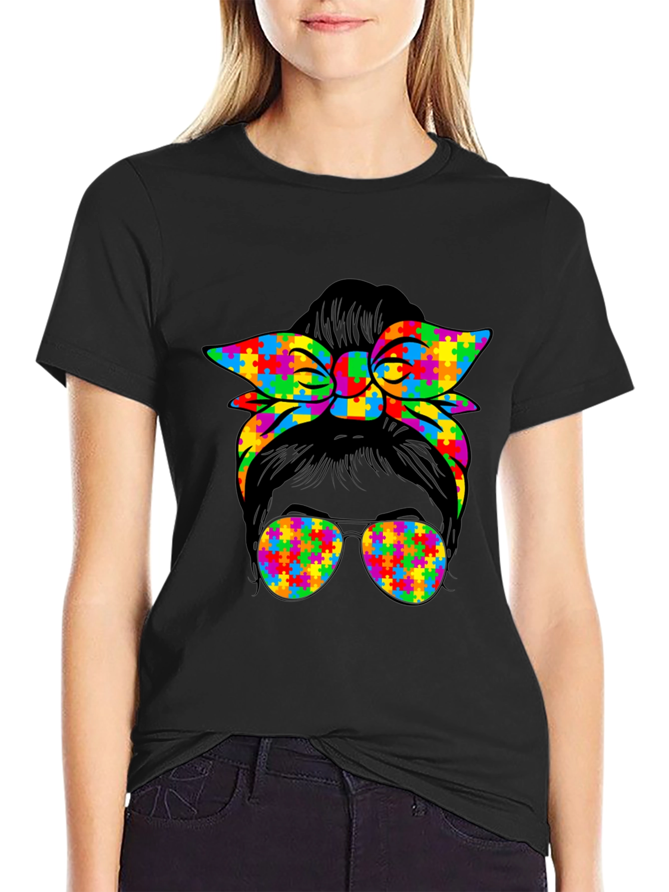 Autism Awareness Messy Bun Puzzle T-Shirt