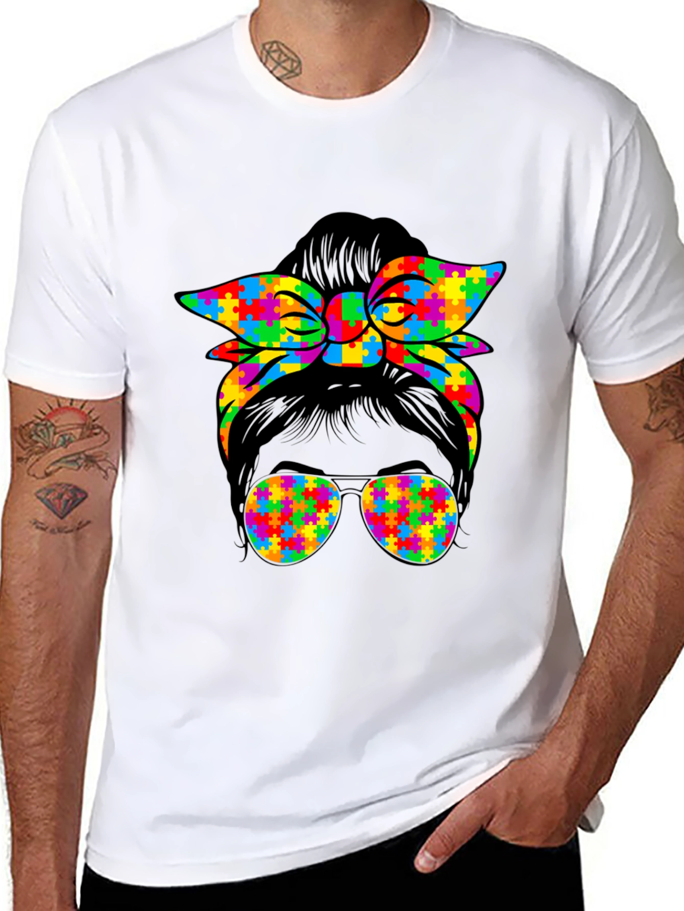 Autism Awareness Messy Bun Puzzle T-Shirt