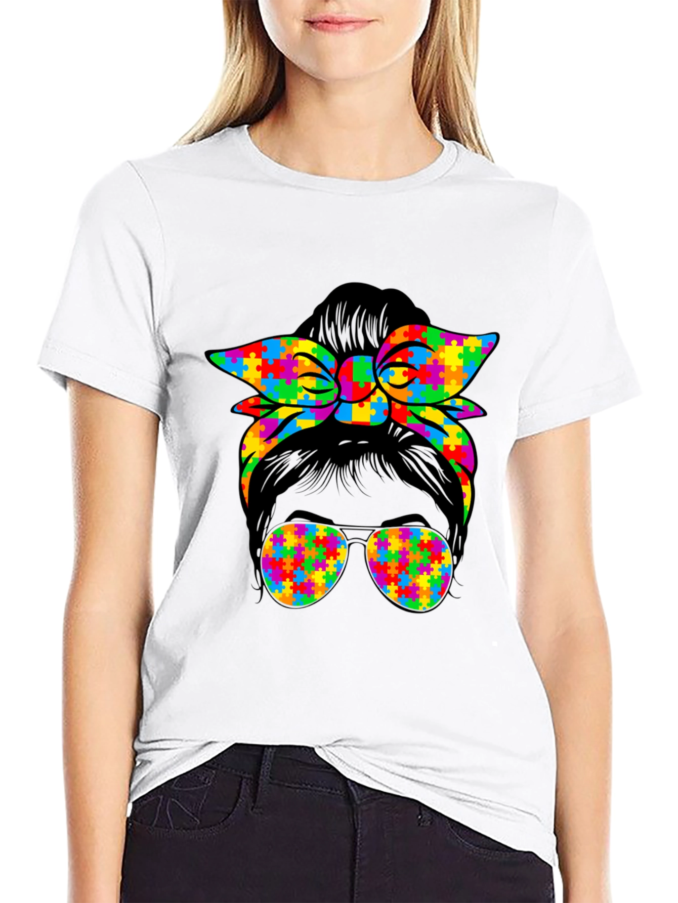 Autism Awareness Messy Bun Puzzle T-Shirt