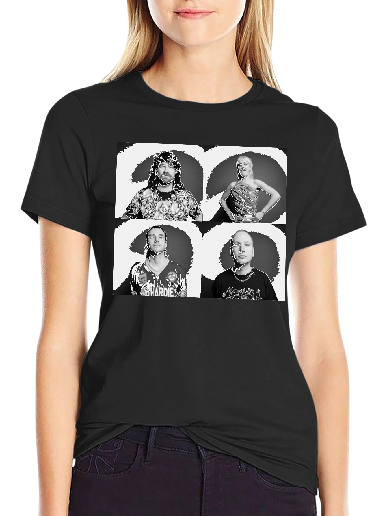 Black Graphic Tee with Quadruple Portrait Design