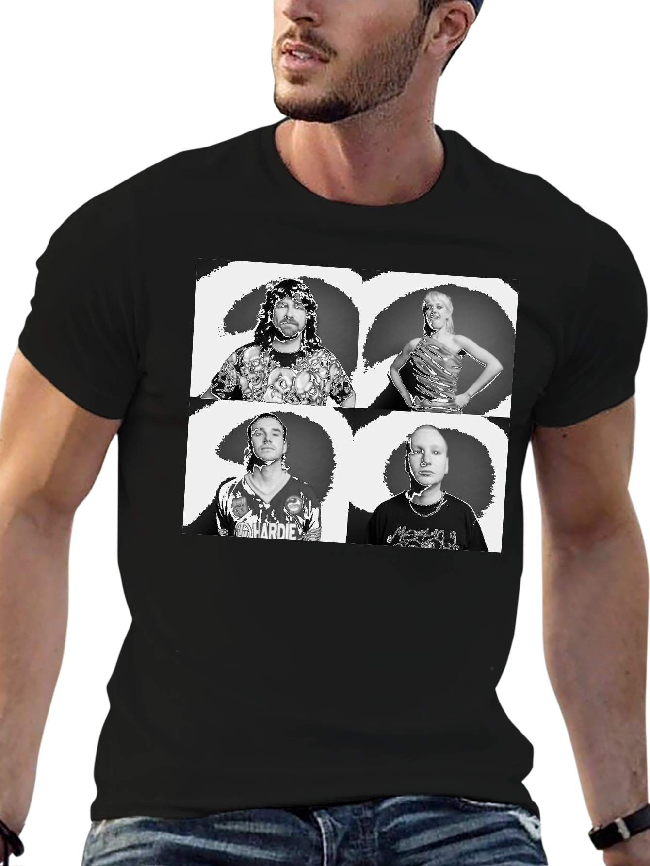 Black Graphic Tee with Quadruple Portrait Design
