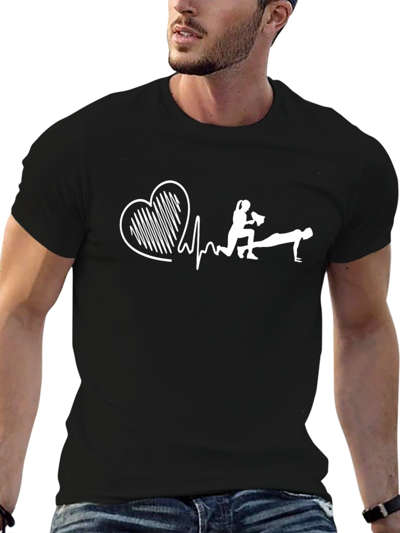 Funny Fitness Heartbeat Graphic Tee - Black